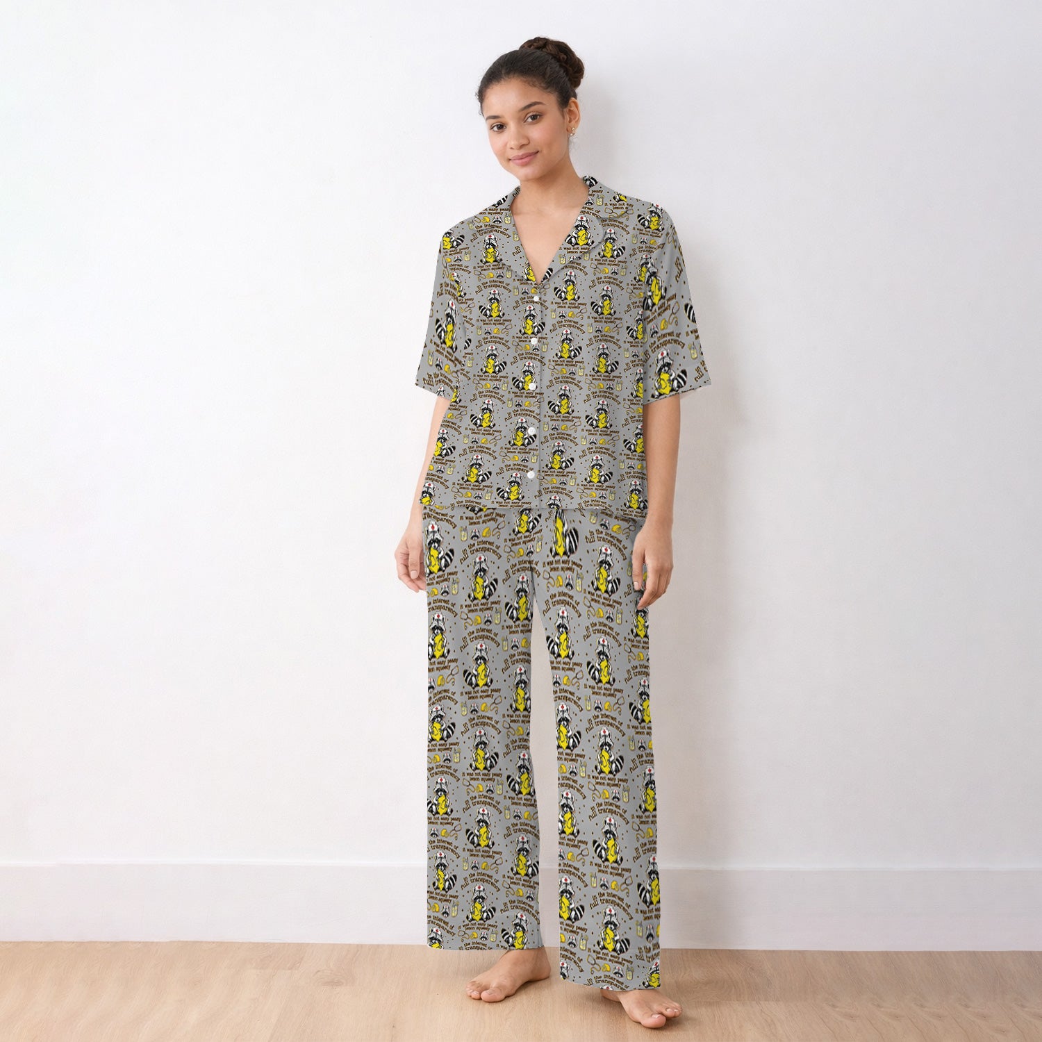 Raccoon Lemon Quote Medical Humor Pattern Pajama Set, Breathable Fabrics Uniform