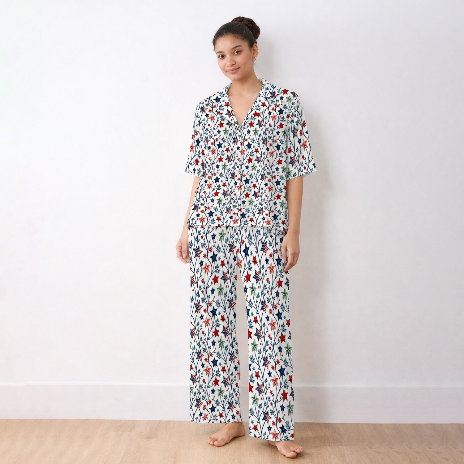 Patriotic Star Vine Floral Print Pajama Set, Soft Breathable Fabric Comfortable Sleepwear