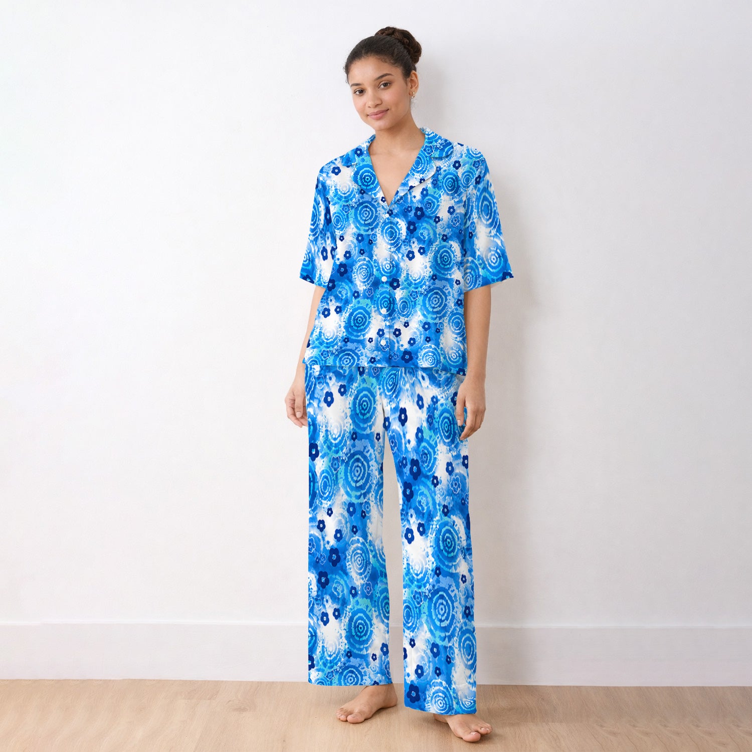 Blue Floral Spiral Nurse Pattern Scrub Top, Breathable Fabrics Nursing Uniform Pajama Set, Soft Breathable Fabric Comfortable Sleepwear