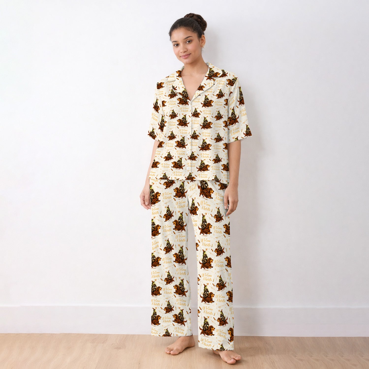 Funny Halloween Off To Cause A Kerfuffle Pattern Pajama Set, Soft Breathable Fabric Comfortable Sleepwear