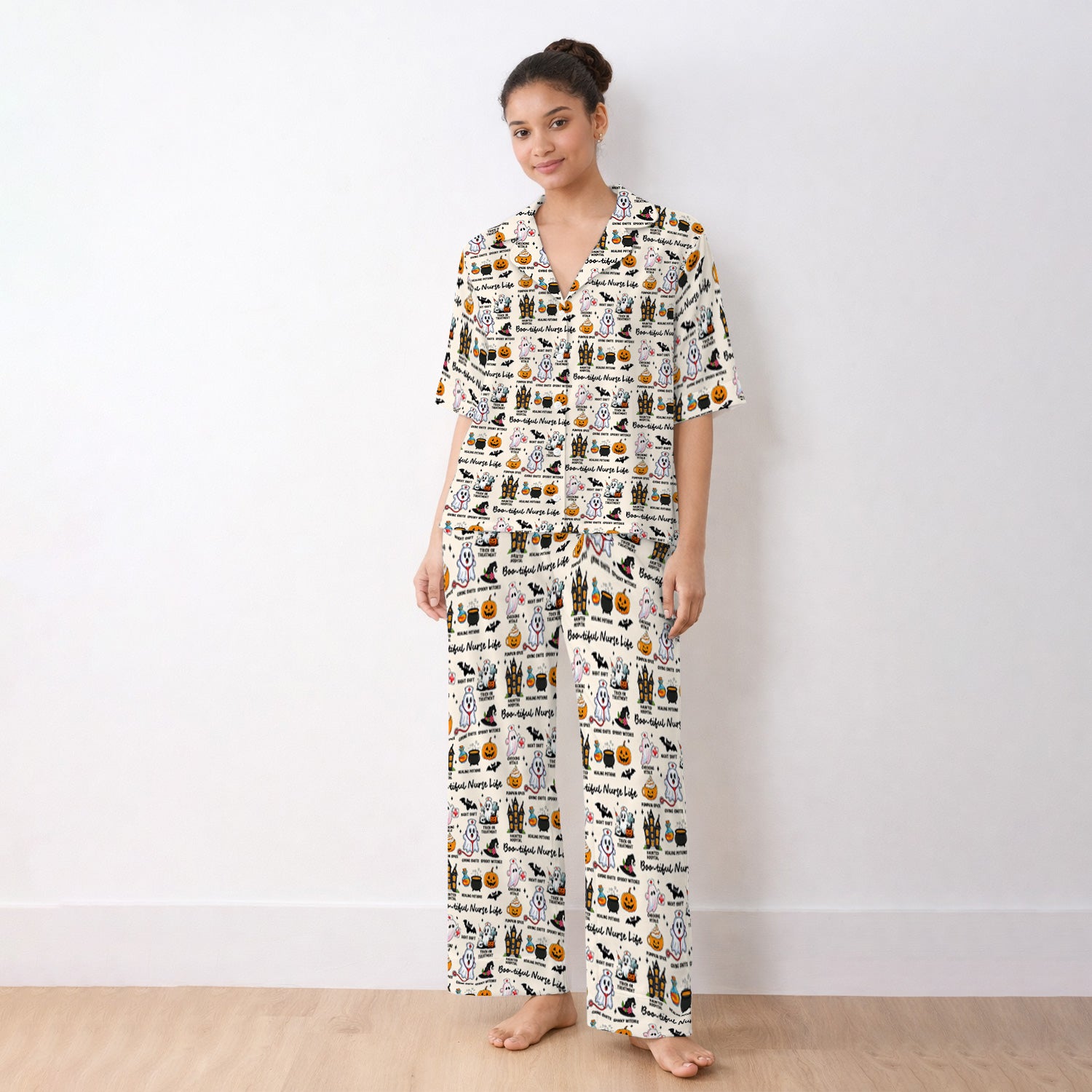 Spooky Halloween Boo-tiful Nurse Life Pajama Set, Soft Breathable Fabric Comfortable Sleepwear