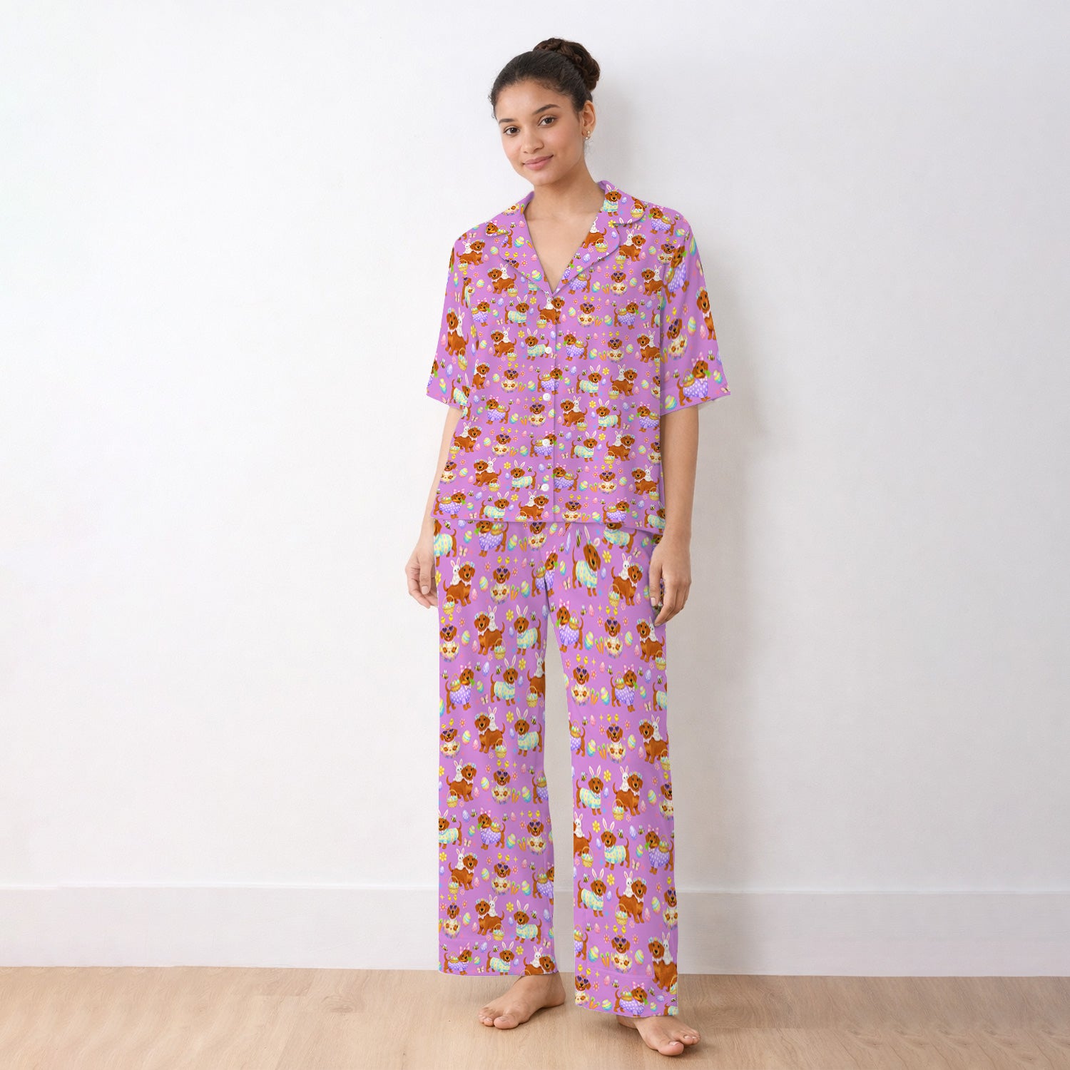 Cute Easter Dachshund Dog Pattern Pajama Set, Breathable Fabrics Uniform