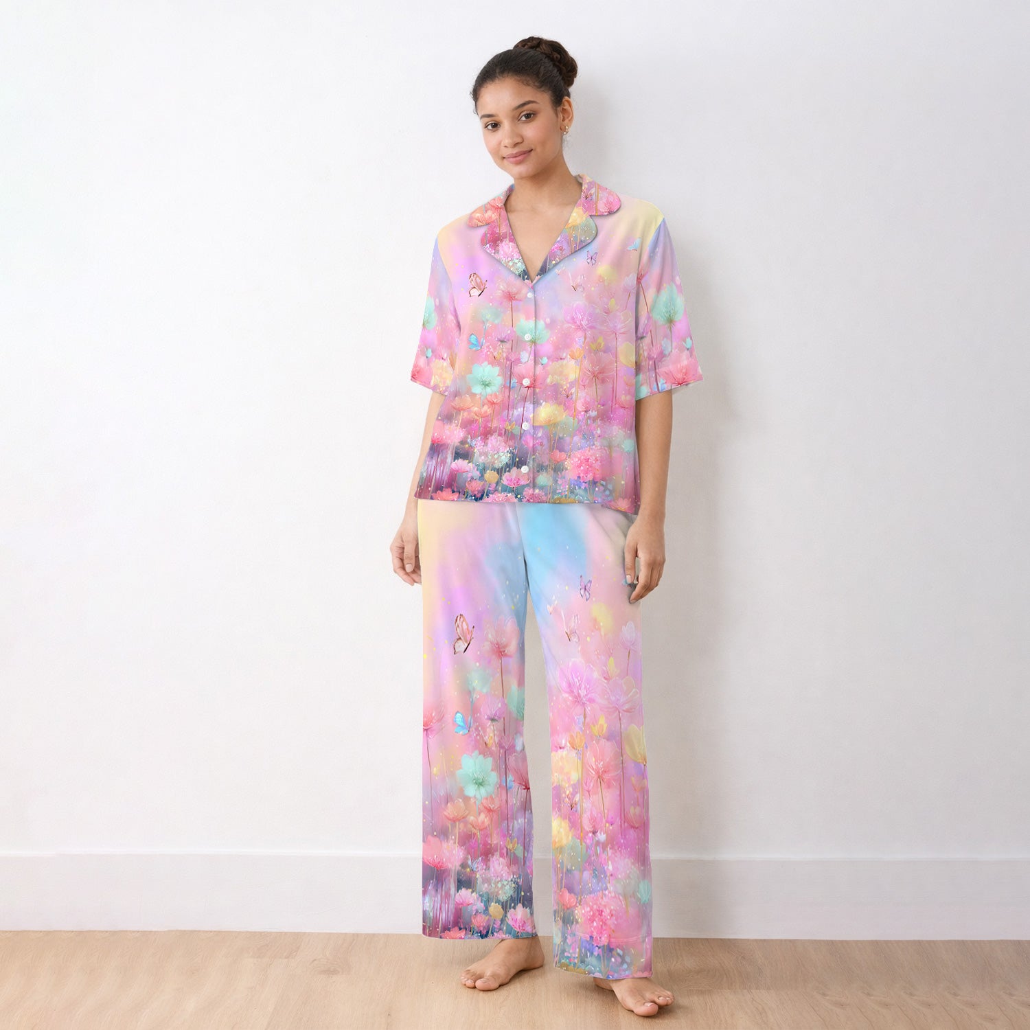 Dreamy Pastel Watercolor Floral Garden Pajama Set, Breathable Fabrics Uniform