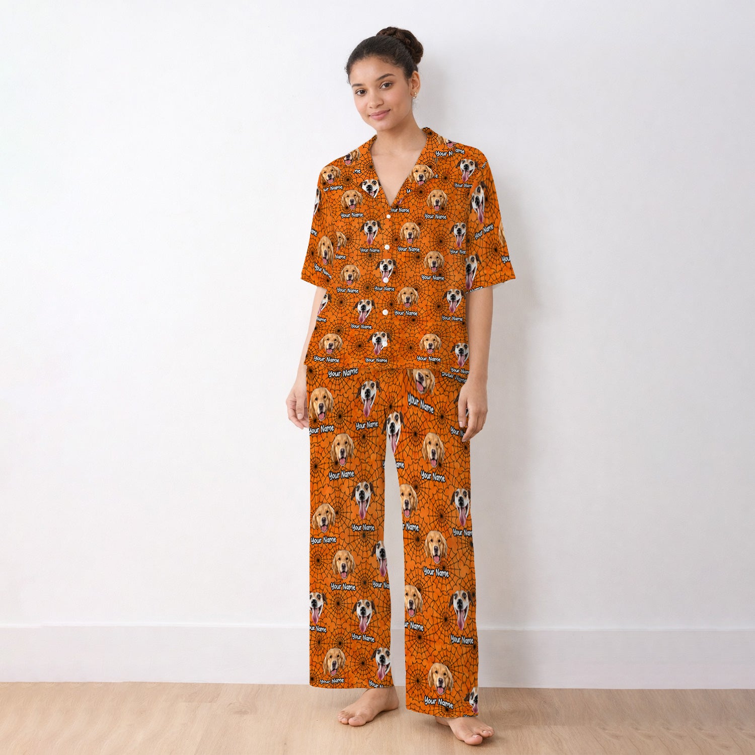 Personalized Halloween Dog Photo Spiderweb Pajama Set, Soft Breathable Fabric Comfortable Sleepwear