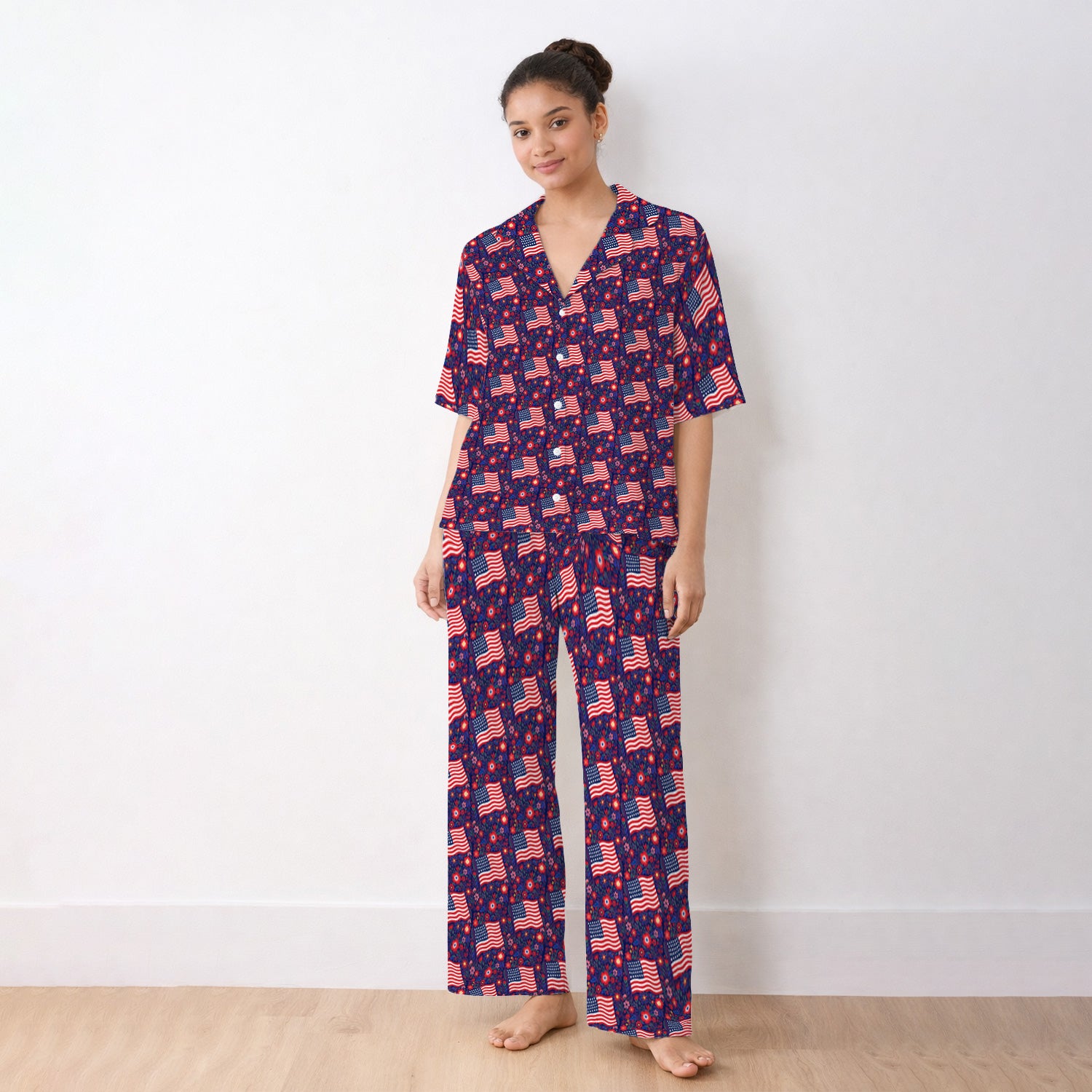 Patriotic USA Flag With Floral Fireworks Pattern Pajama Set, Soft Breathable Fabric Comfortable Sleepwear