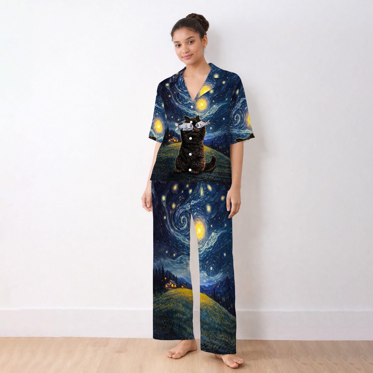 Starry Night Cat Art Print Pajama Set, Breathable Fabrics Uniform