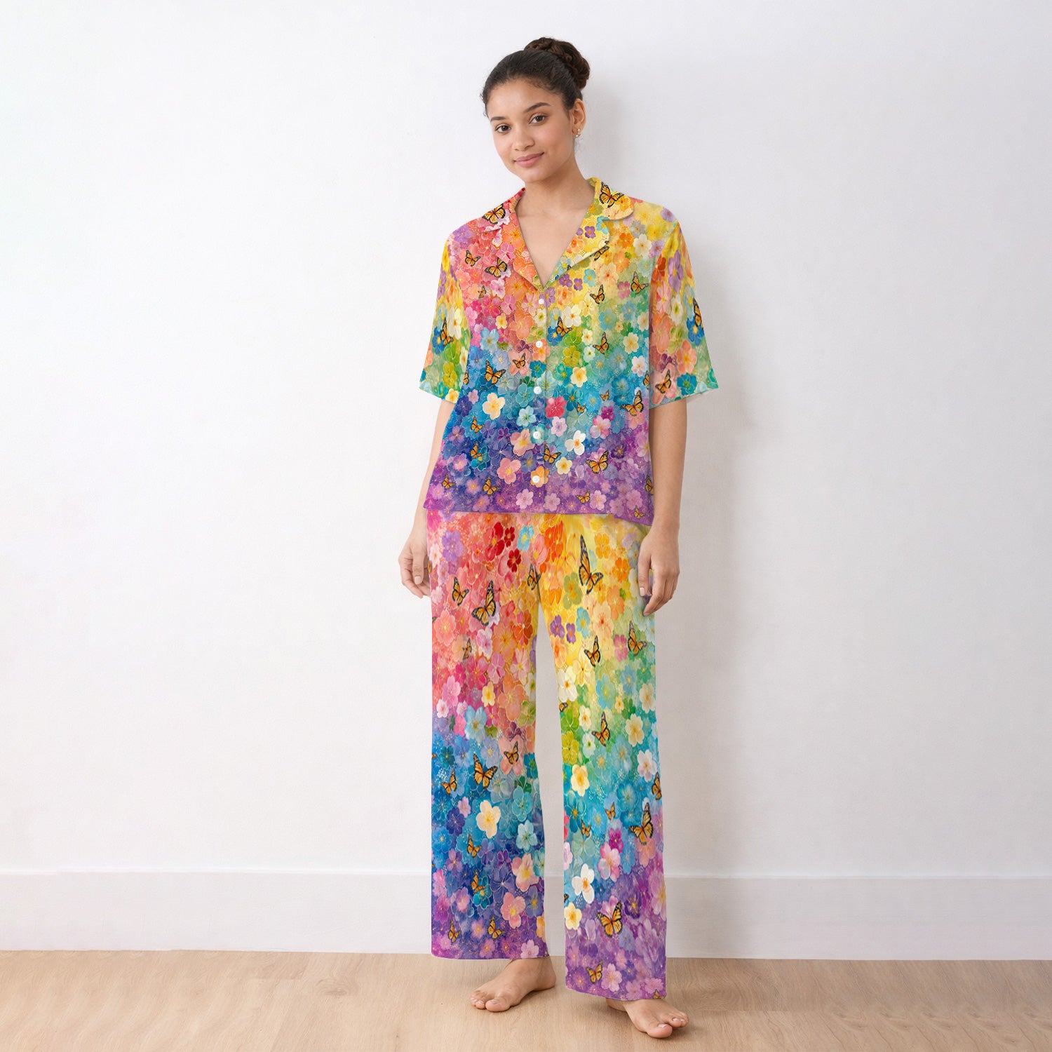 Rainbow Butterfly Floral Blossom Pattern Pajama Set, Soft Breathable Fabric Comfortable Sleepwear