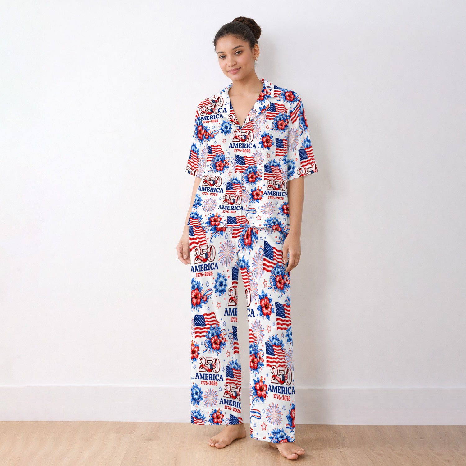 America 250 with Flag Firework Pattern Pajama Set, Soft Breathable Fabric Comfortable Sleepwear