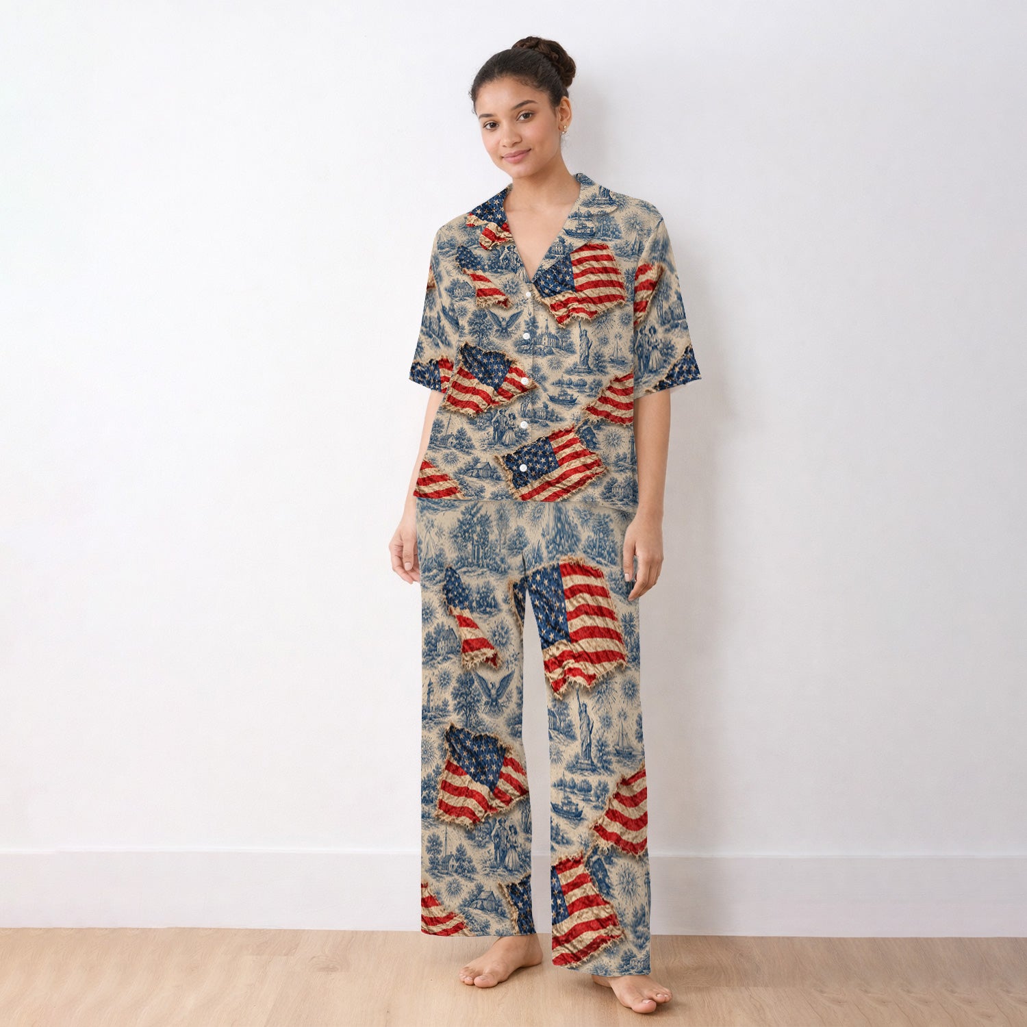 Vintage American Flag Toile Pattern Pajama Set, Soft Breathable Fabric Comfortable Sleepwear