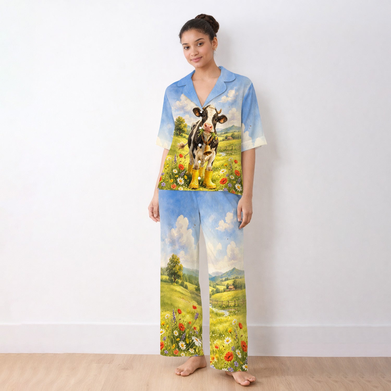 Cute Cow Wearing Boots Meadow Scene Pattern Pajama Set, Soft Breathable Fabric Comfortable Sleepwear