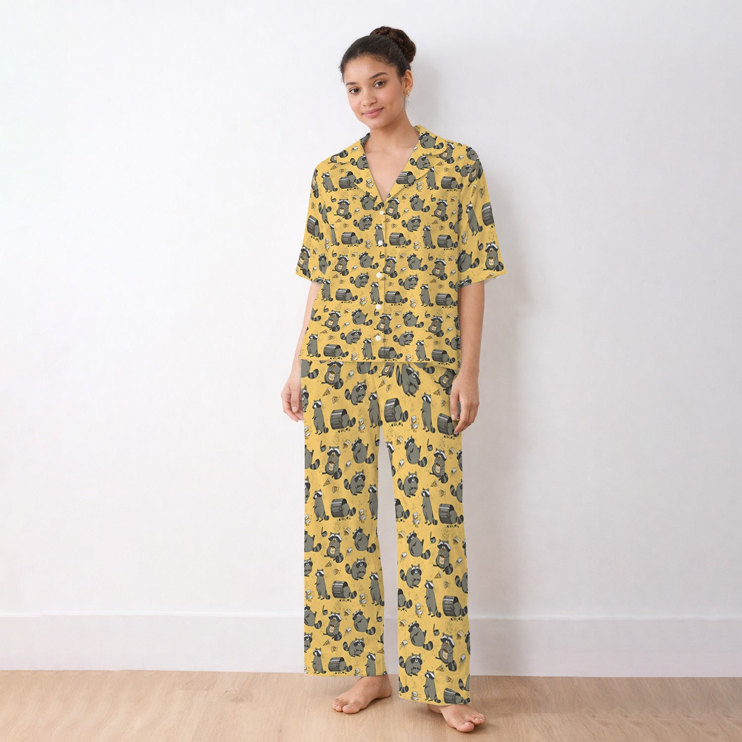 Raccoon Snack And Trash Can Pattern Pajama Set, Breathable Fabrics Uniform