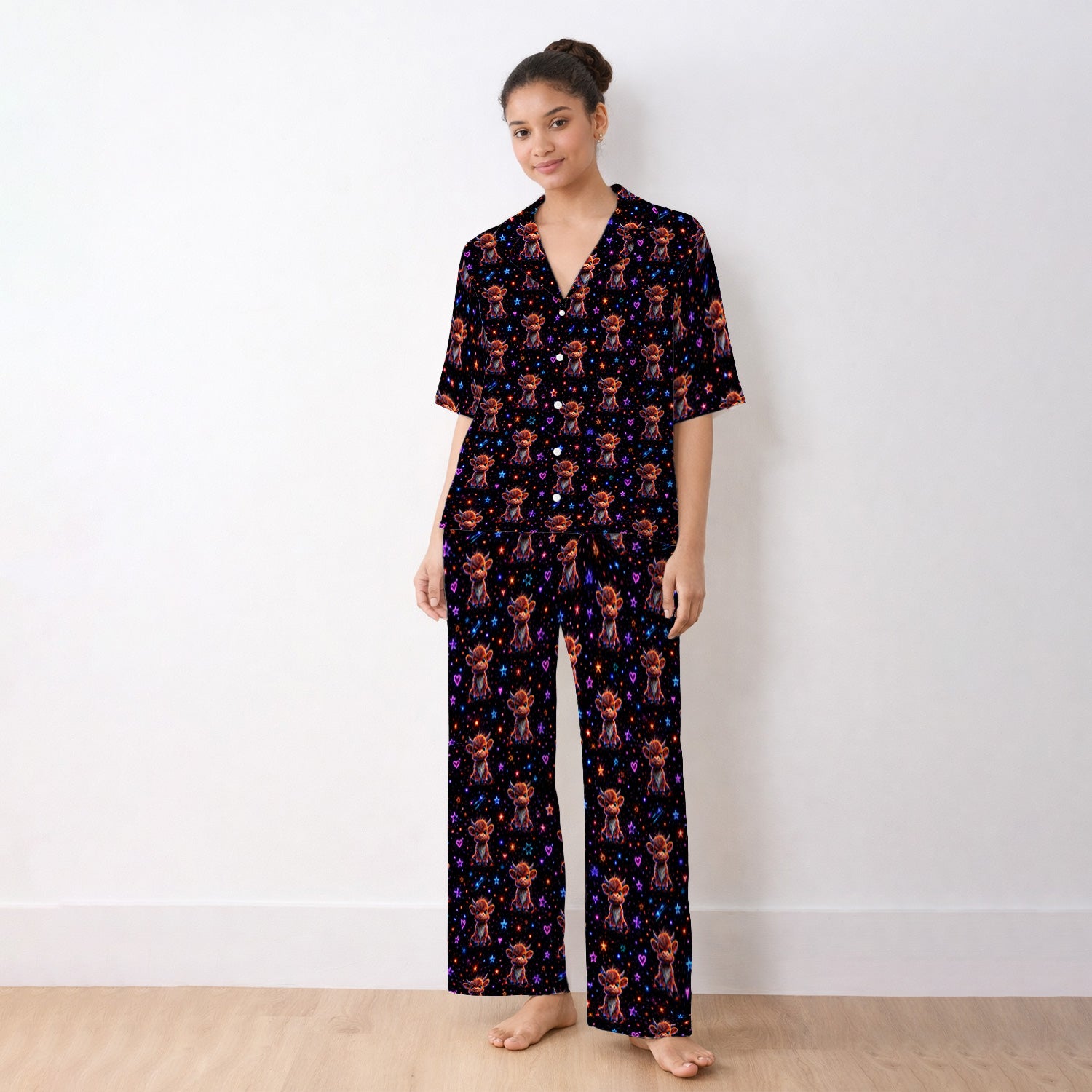 Neon Highland Cow Stars Pattern Pajama Set, Soft Breathable Fabric Comfortable Sleepwear