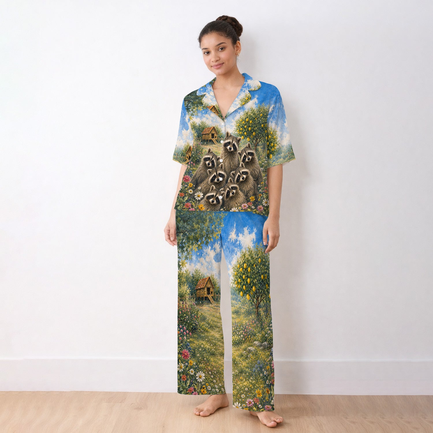 Adorable Raccoon Family Garden Pattern Pajama Set, Soft Breathable Fabric Comfortable Sleepwear