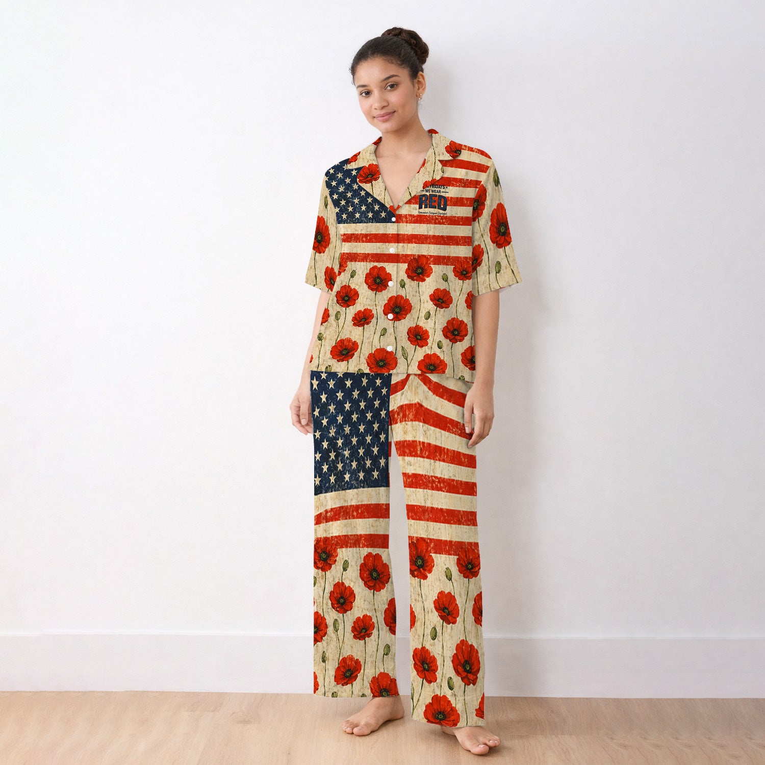 Patriotic American Flag Poppy Flower Pattern Pajama Set, Soft Breathable Fabric Comfortable Sleepwear