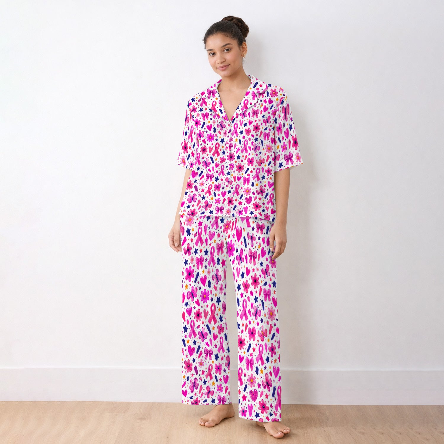 Pink Ribbon Floral Pattern Pajama Set, Soft Breathable Fabric Comfortable Sleepwear