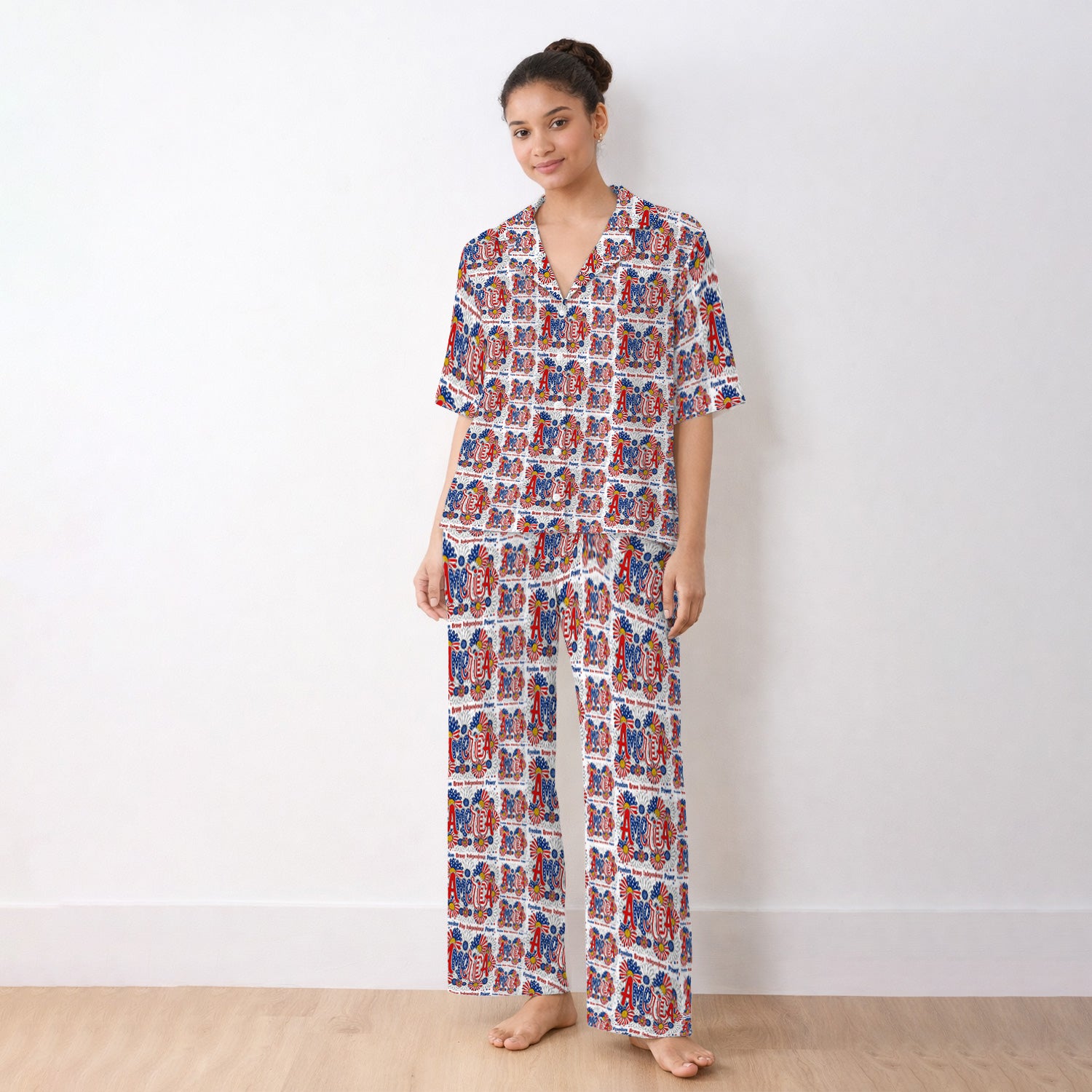 Patriotic America Floral Fireworks Pattern Pajama Set, Soft Breathable Fabric Comfortable Sleepwear