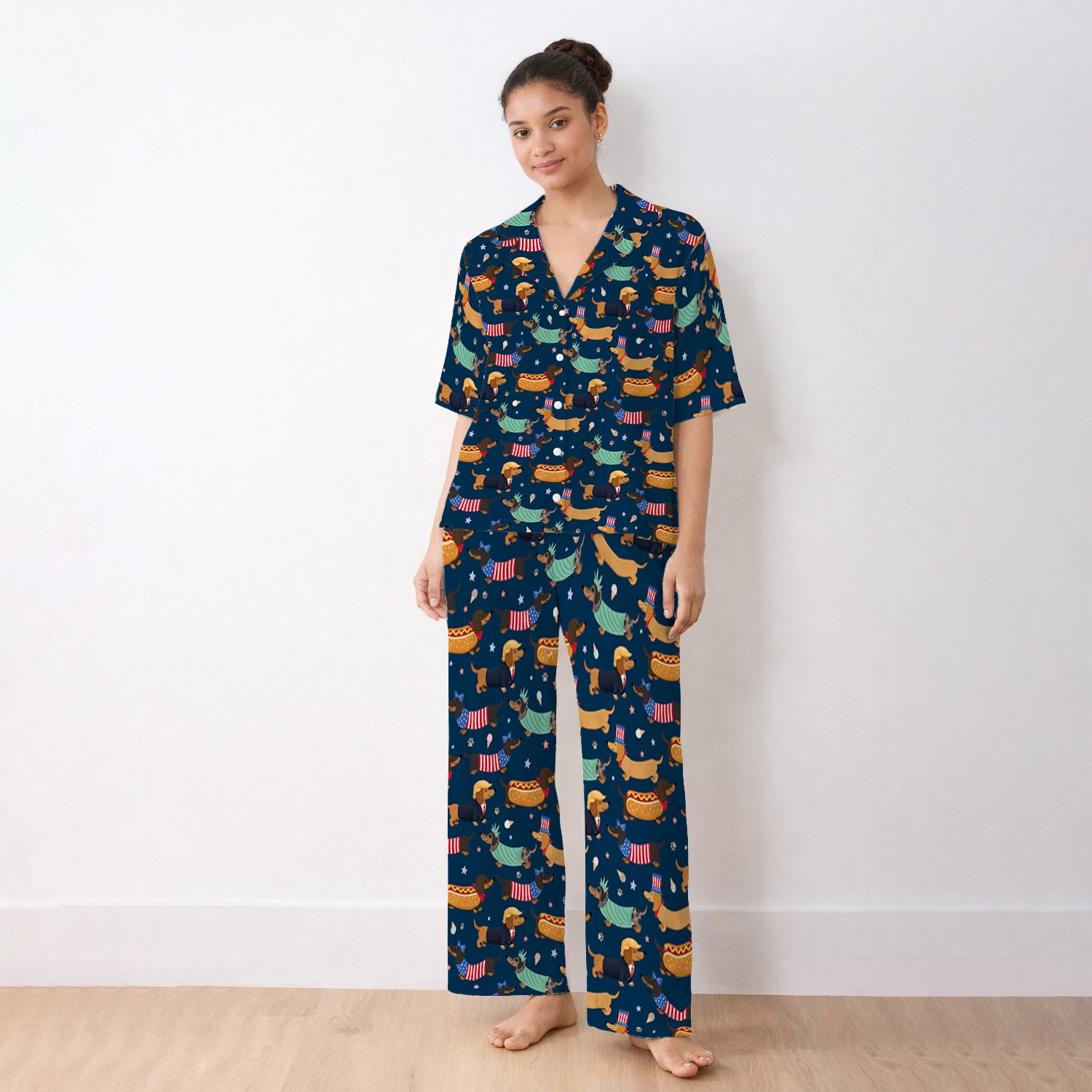 Funny Patriotic Dachshund Costume Dogs Pattern Pajama Set, Breathable Fabrics Uniform