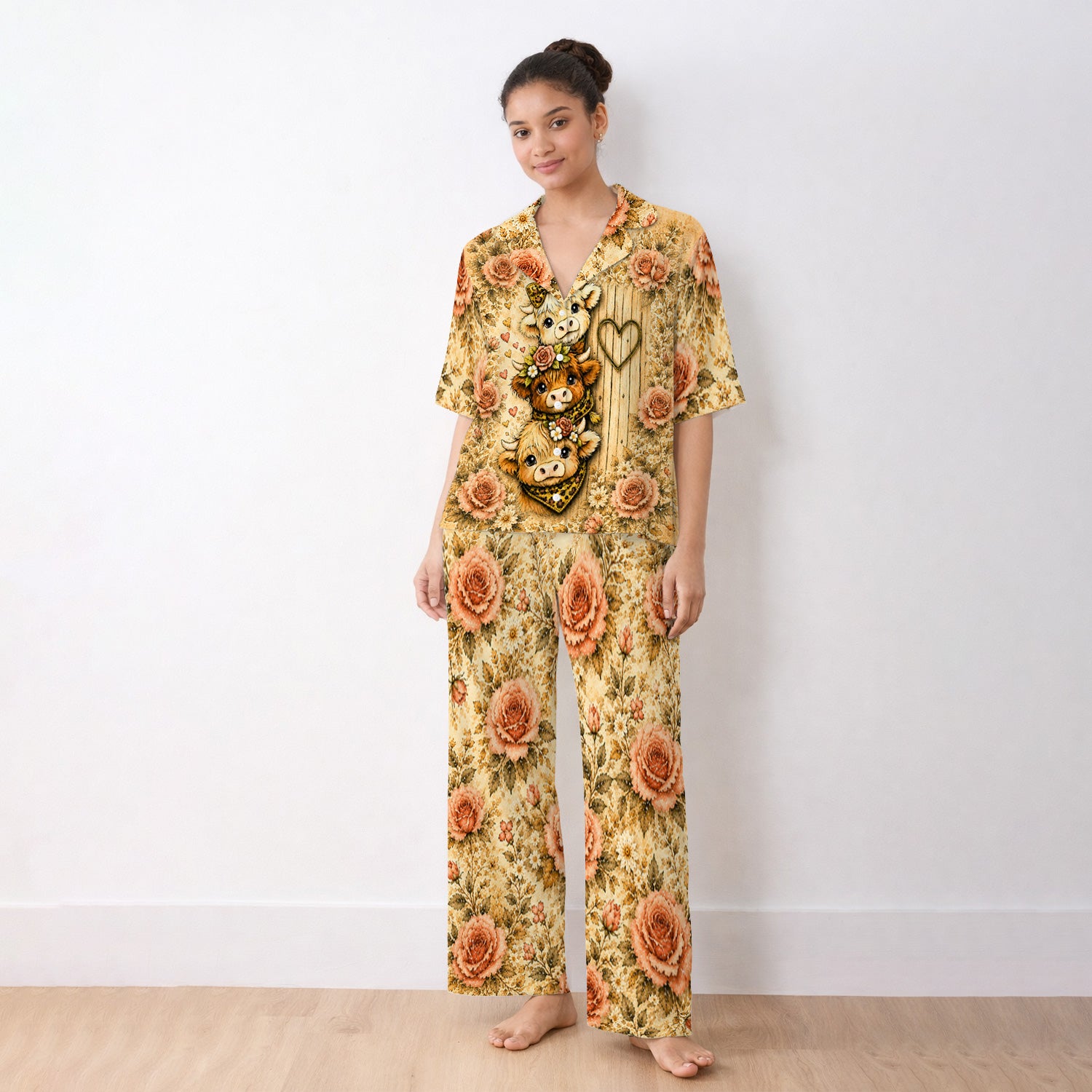 Highland Cow with Floral Farmhouse Pajama Set, Soft Breathable Fabric Comfortable Sleepwear