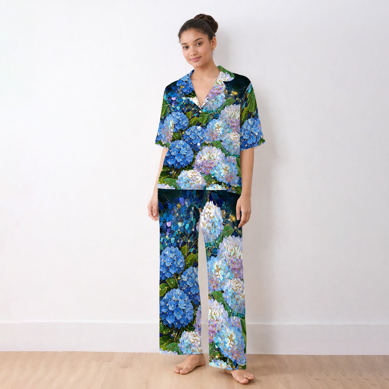 Blue Hydrangea Floral Pattern Pajama Set, Breathable Fabrics Uniform