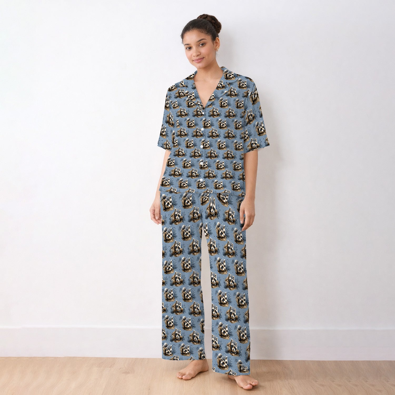 Cute Raccoon In Log Pattern Pajama Set, Soft Breathable Fabric Comfortable Sleepwear
