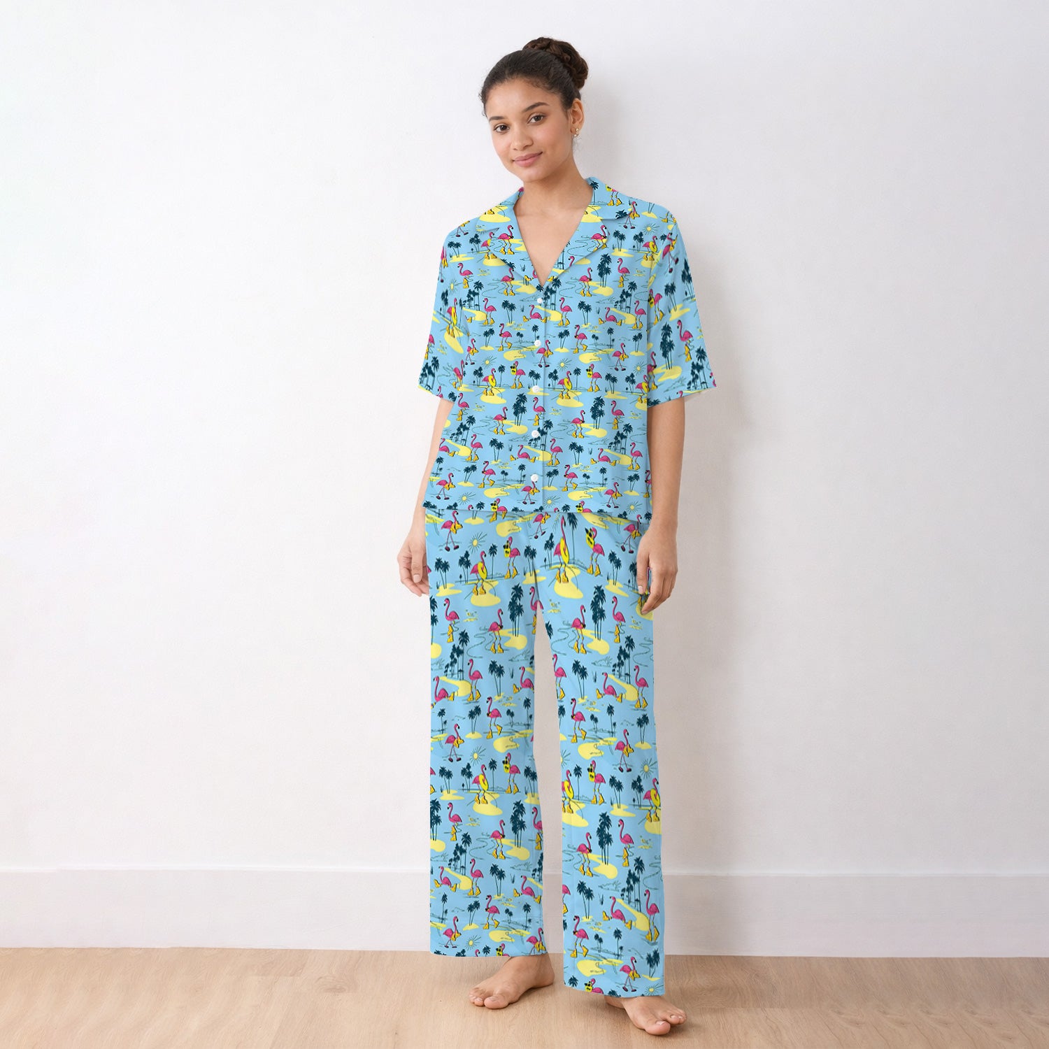 Retro Flamingo Nurse Print Pajama Set, Soft Breathable Fabric Comfortable Sleepwear