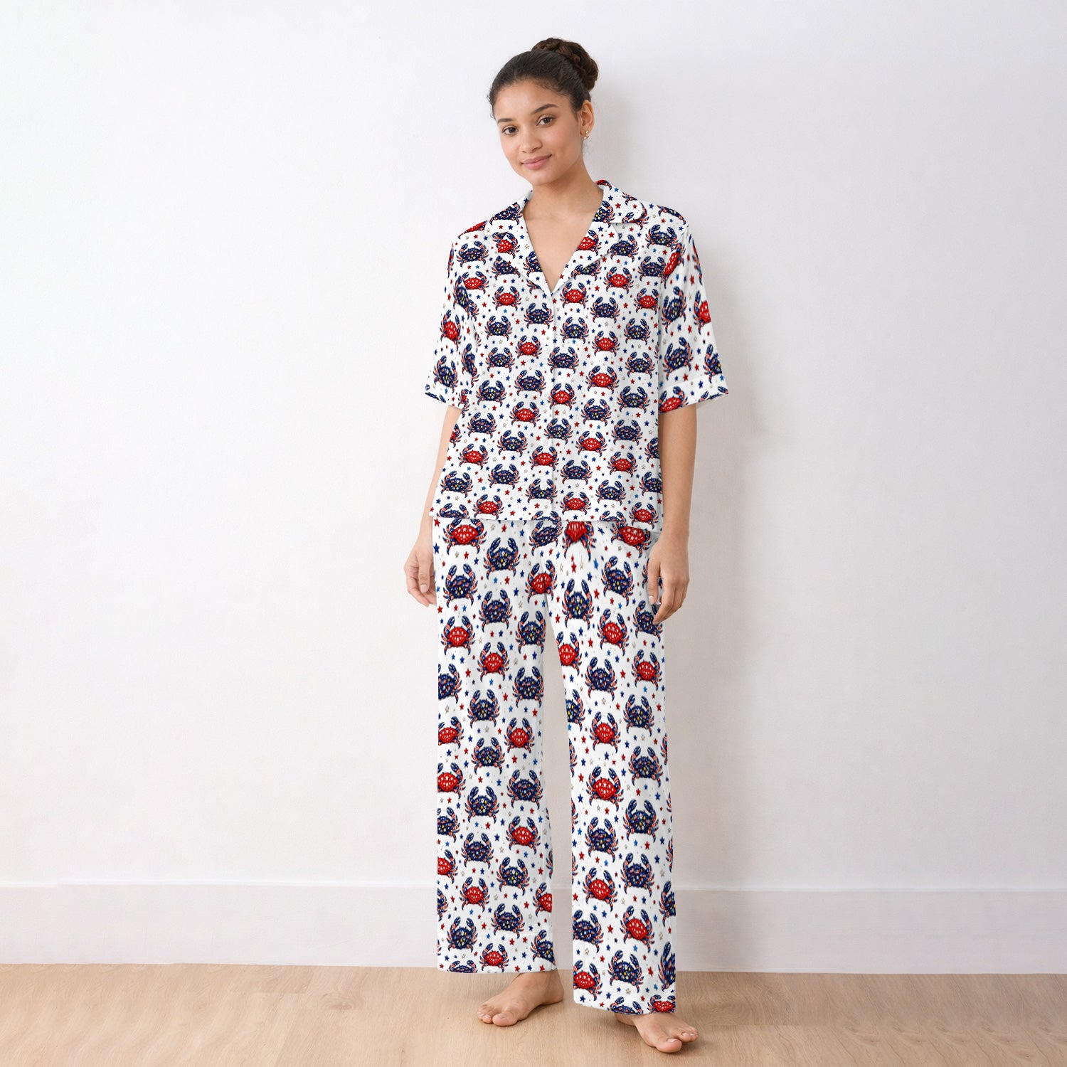 Patriotic Crab Stars Pattern Pajama Set, Soft Breathable Fabric Comfortable Sleepwear