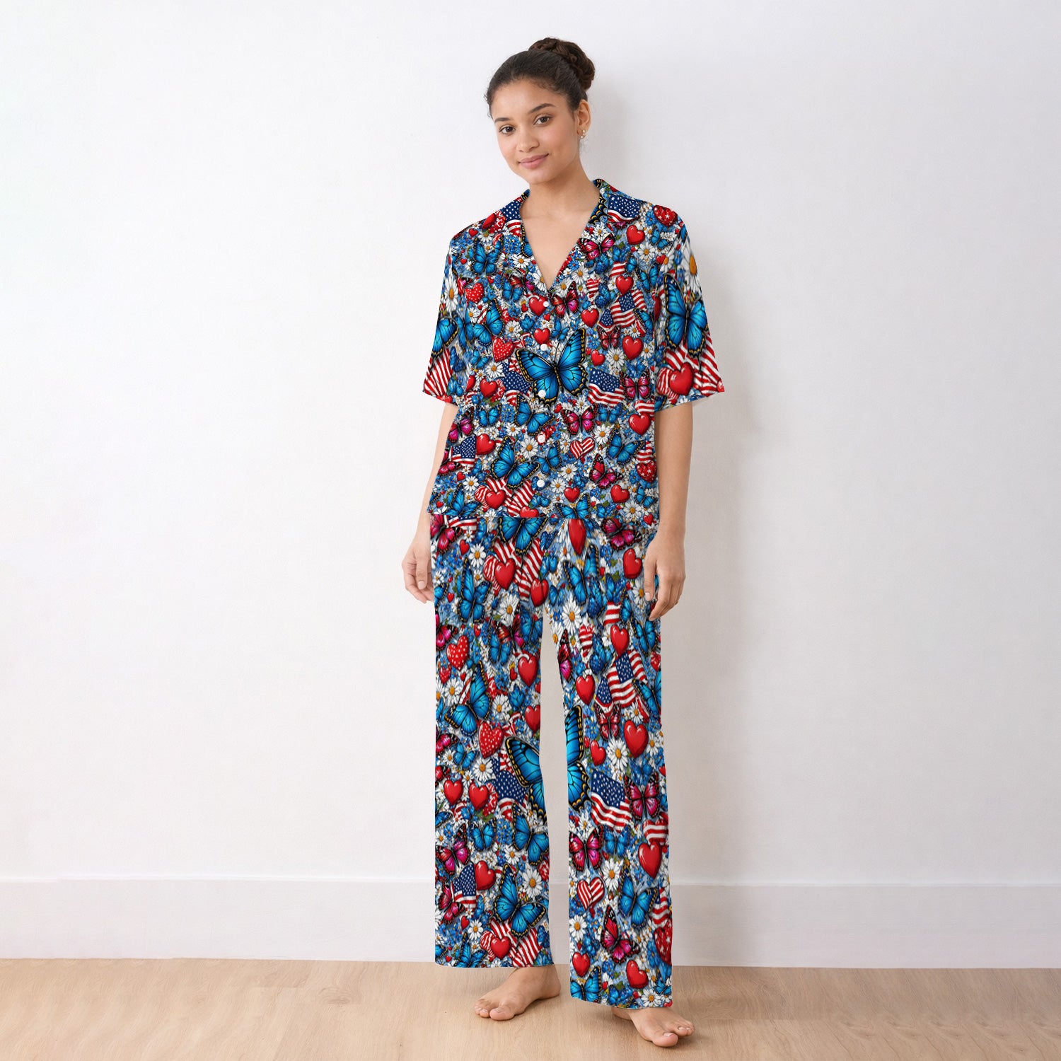 Festive Patriotic Butterfly Heart Floral Pattern Pajama Set, Soft Breathable Fabric Comfortable Sleepwear