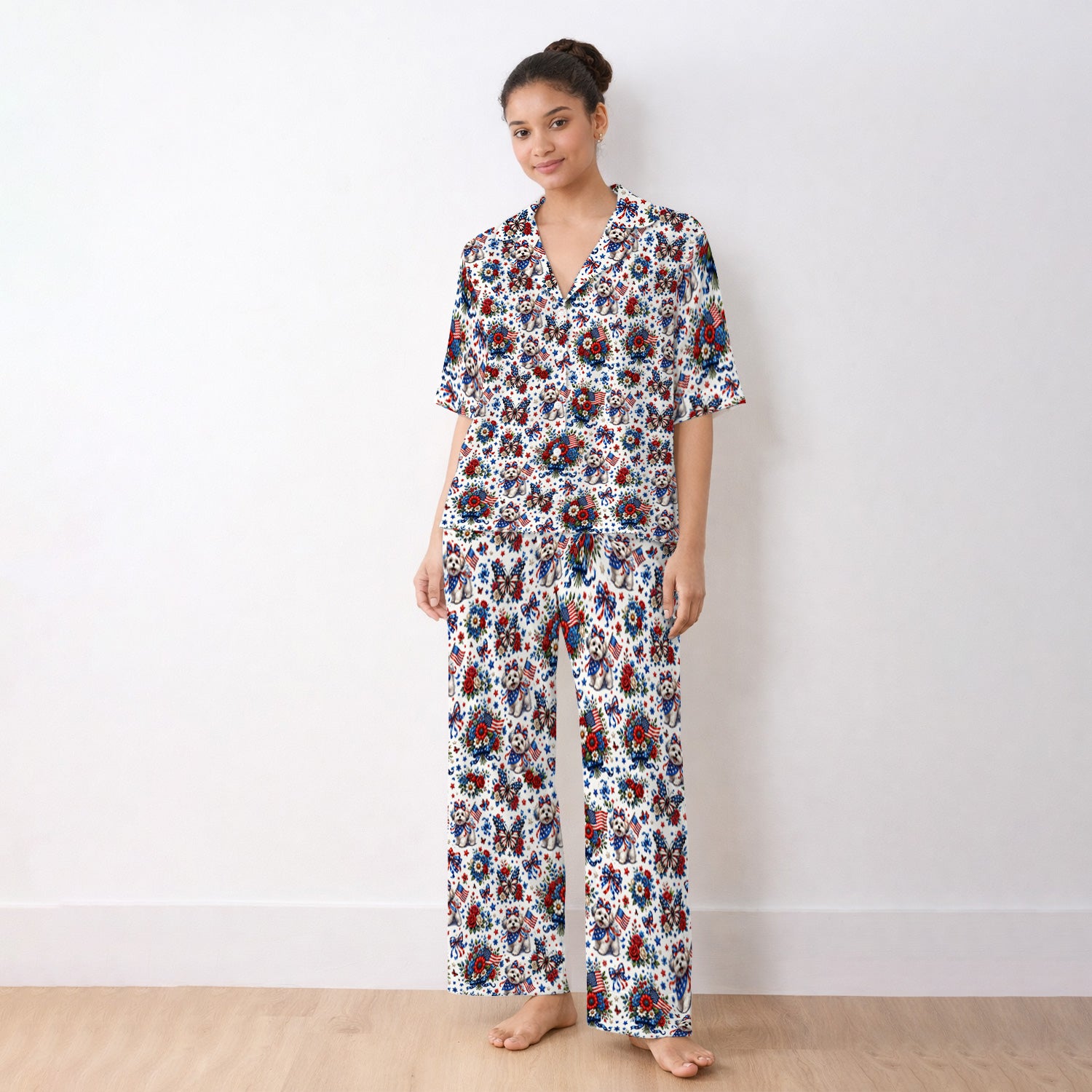 Patriotic Puppy Floral Bouquet Pattern Pajama Set, Soft Breathable Fabric Comfortable Sleepwear