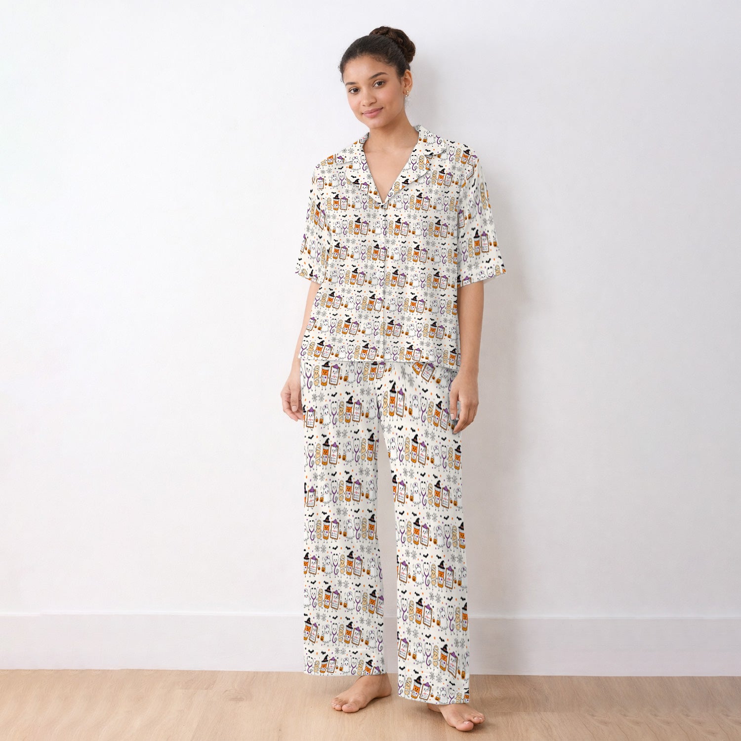Halloween Medical Characters Print Pajama Set, Soft Breathable Fabric Comfortable Sleepwear