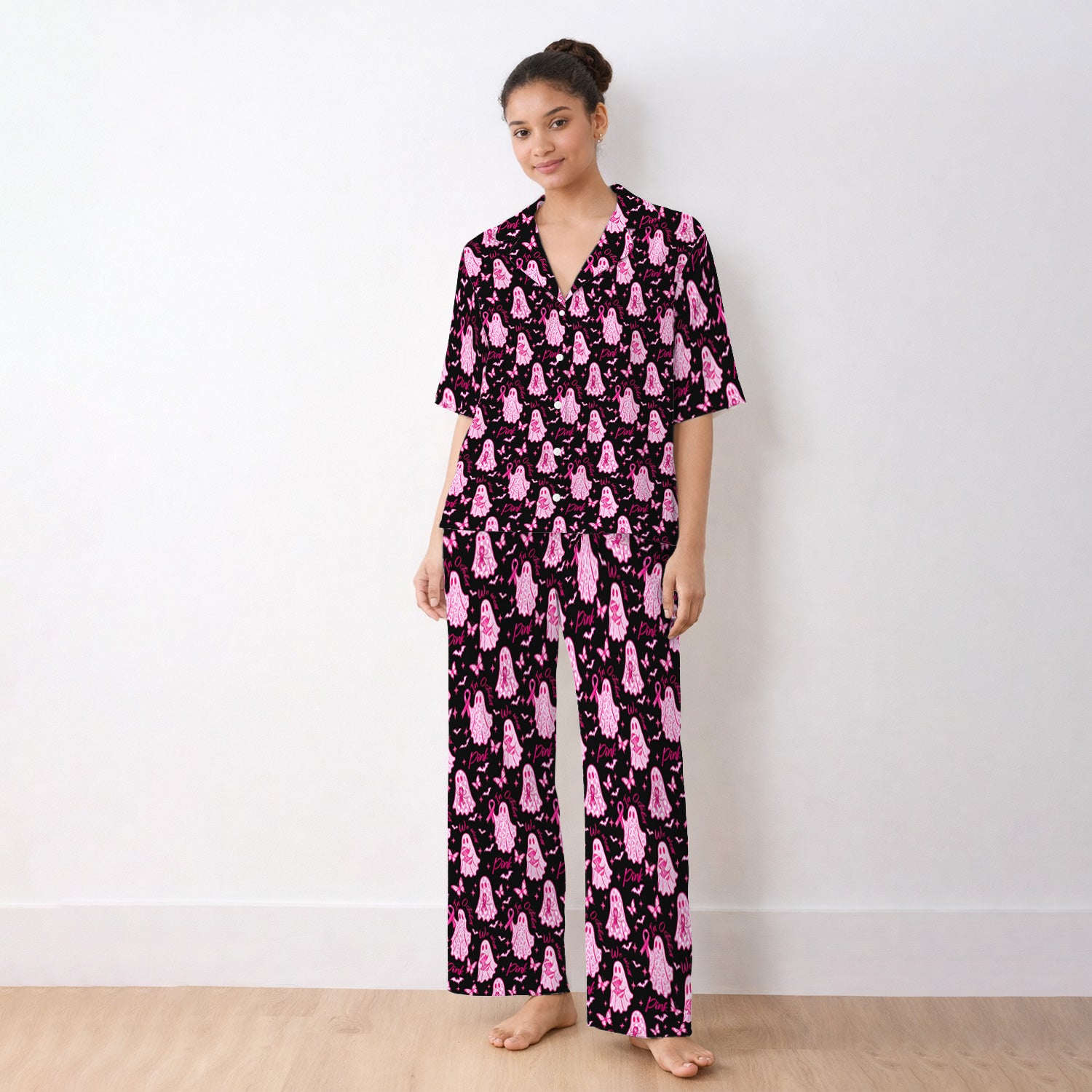 Pink Ribbon Ghost Pajama Set, Soft Breathable Fabric Comfortable Sleepwear
