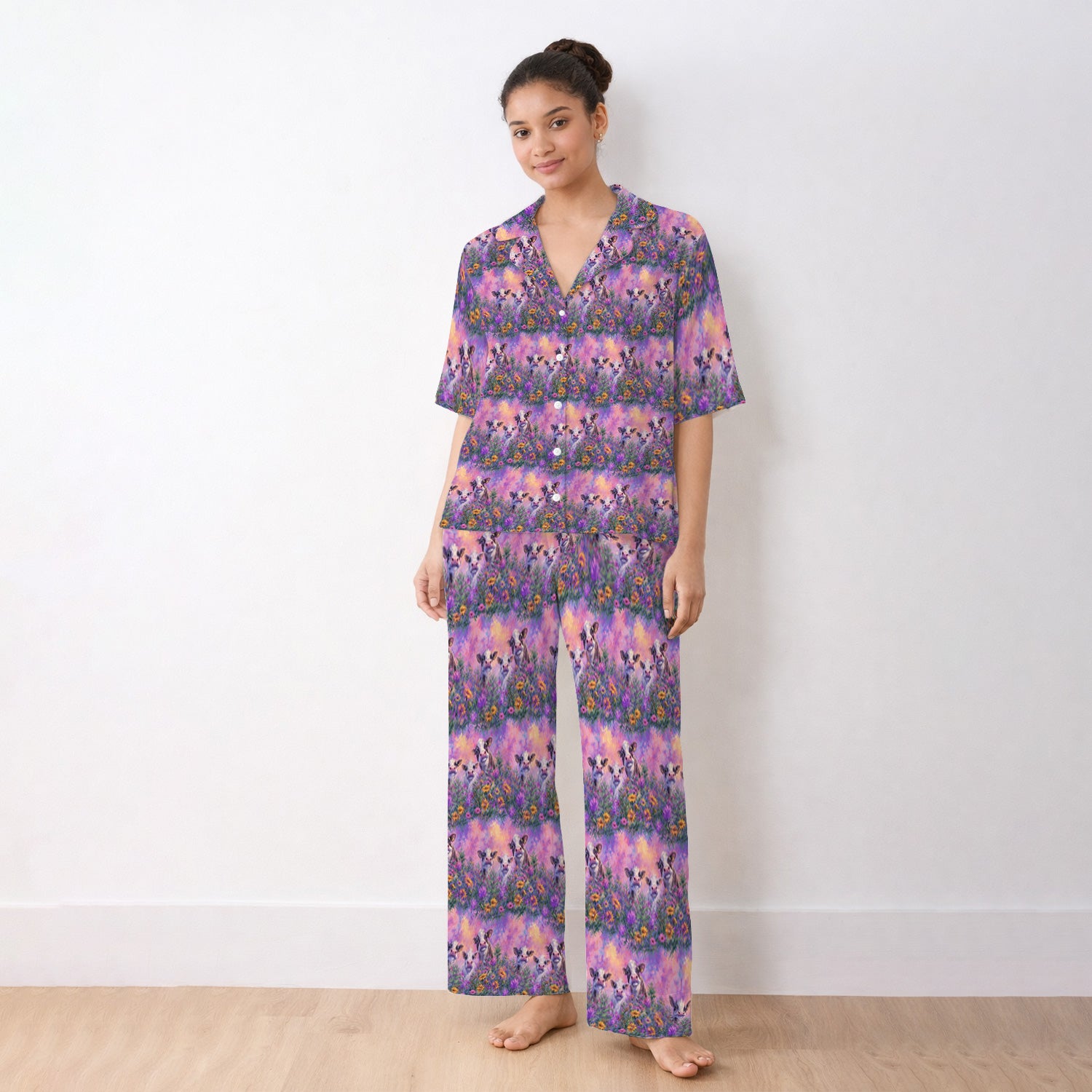 Pastel Cow Meadow Flower Pattern Pajama Set, Soft Breathable Fabric Comfortable Sleepwear