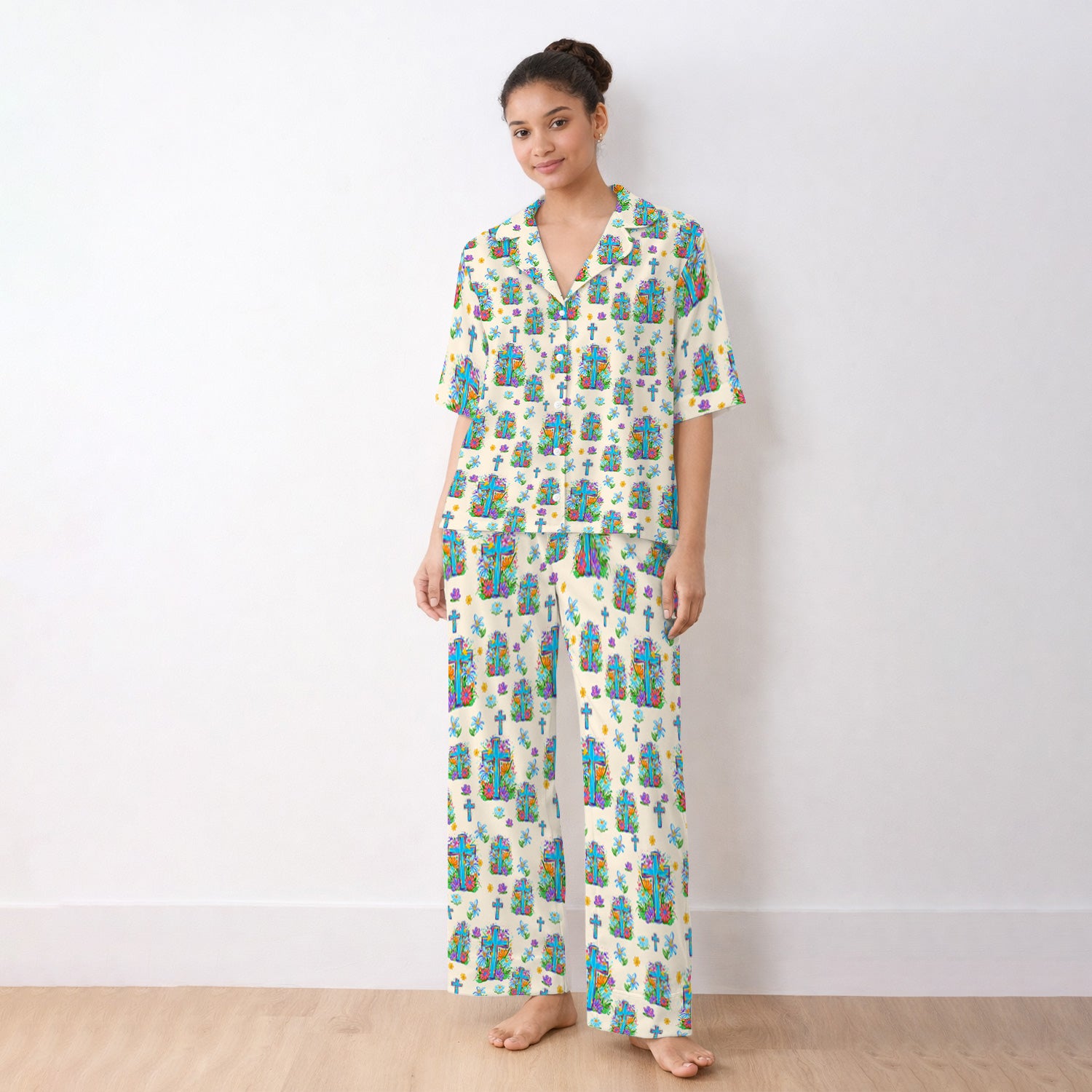 Christian Floral Cross Spring Pattern Pajama Set, Breathable Fabrics Uniform