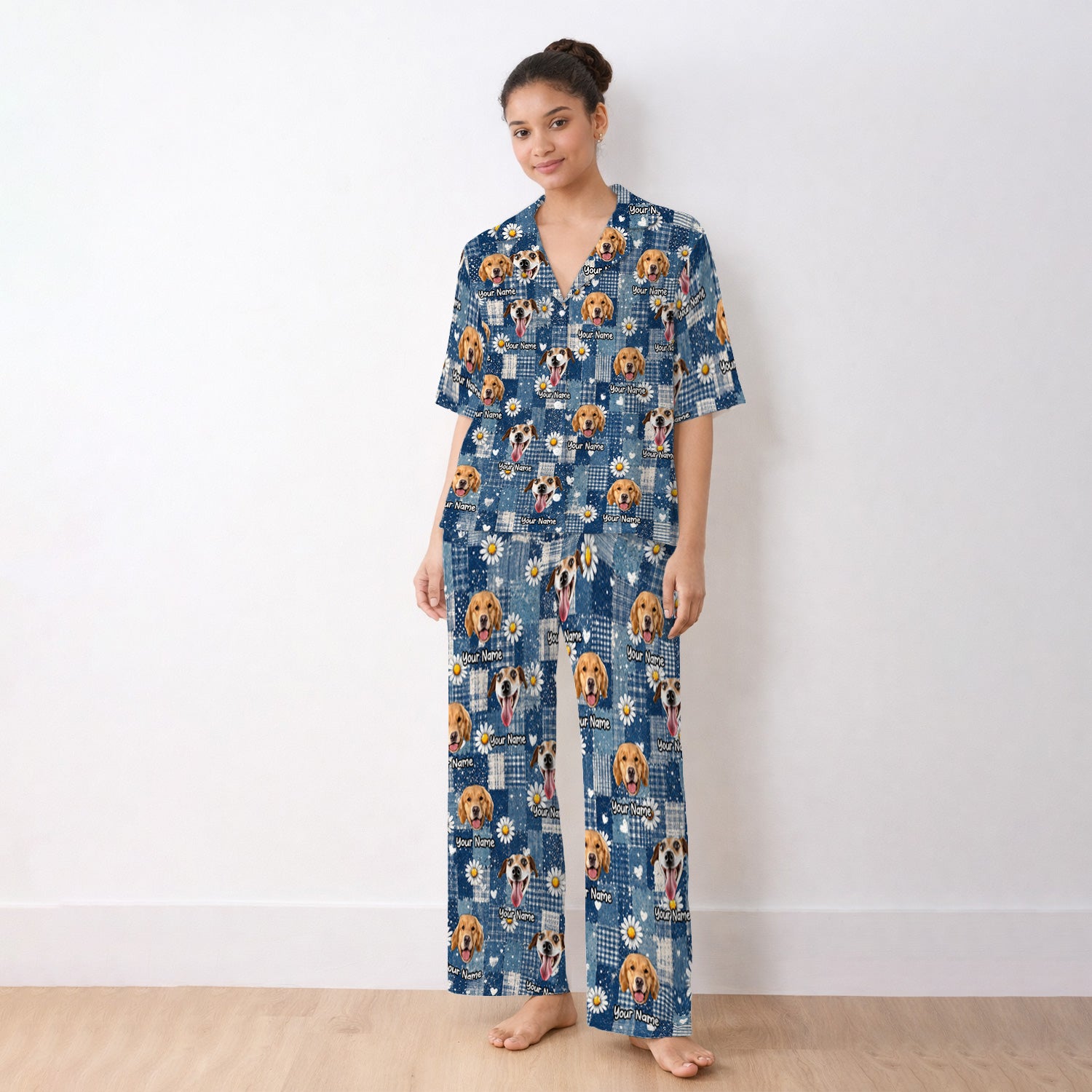 Personalized Cute Dog Portrait On Blue Patchwork Daisy Pattern Pajama Set, Soft Breathable Fabric Comfortable Sleepwear