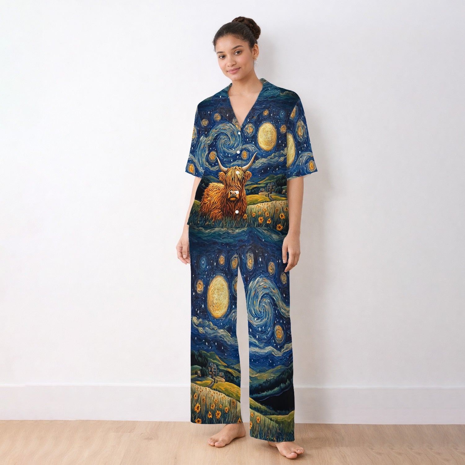 Artistic Highland Cow Starry Night Scene Pattern Pajama Set, Soft Breathable Fabric Comfortable Sleepwear