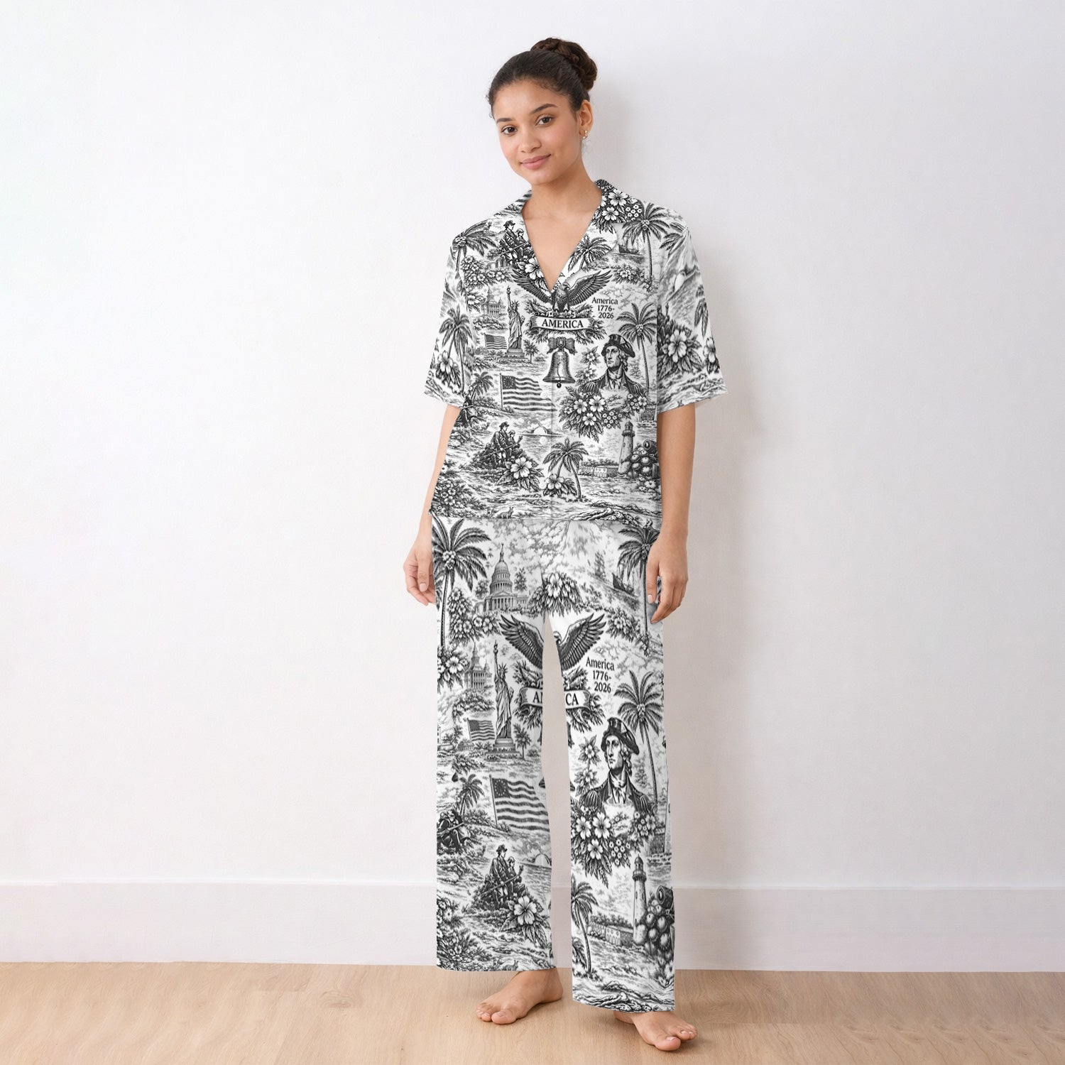 Patriotic America Heritage Toile Pattern Pajama Set, Breathable Fabrics Uniform
