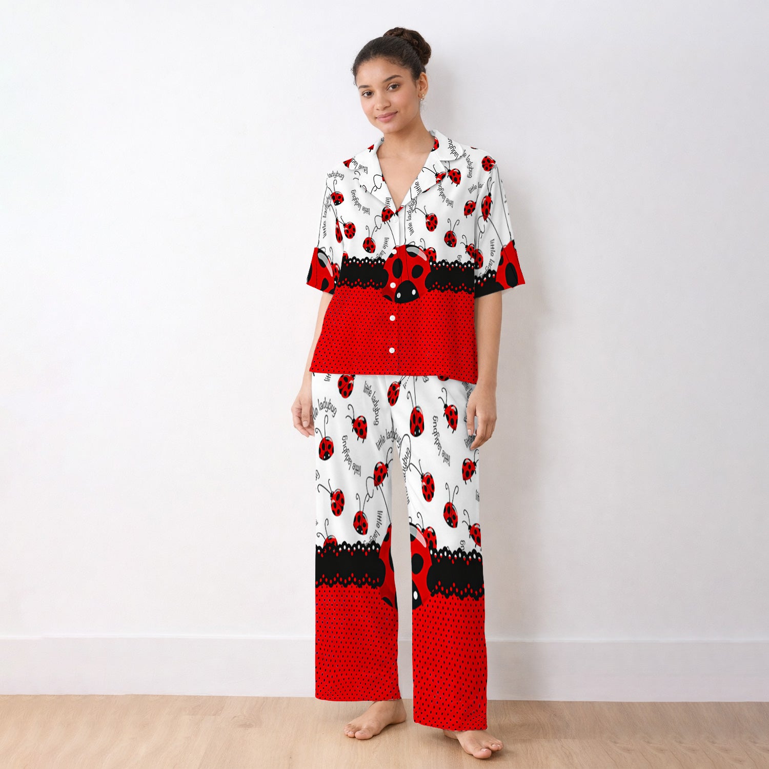 Cute Little Ladybug Polka Dot Pattern Pajama Set, Soft Breathable Fabric Comfortable Sleepwear