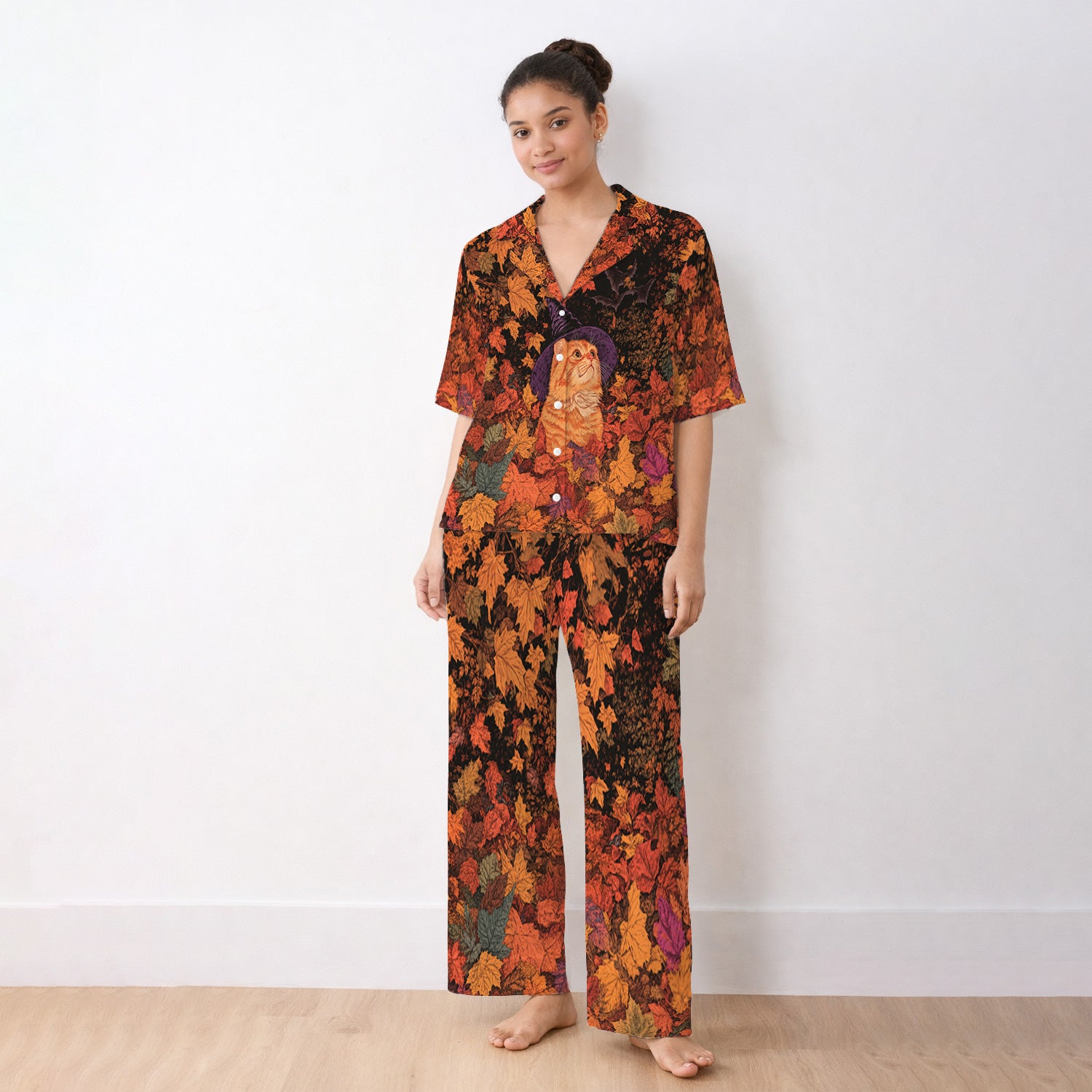 Autumn Cat with Fall Leaves Pajama Set, Soft Breathable Fabric Comfortable Sleepwear
