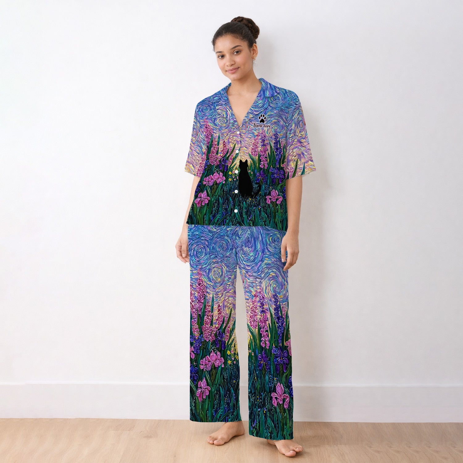 Cat Under Starry Sky Pattern Pajama Set, Breathable Fabrics Uniform