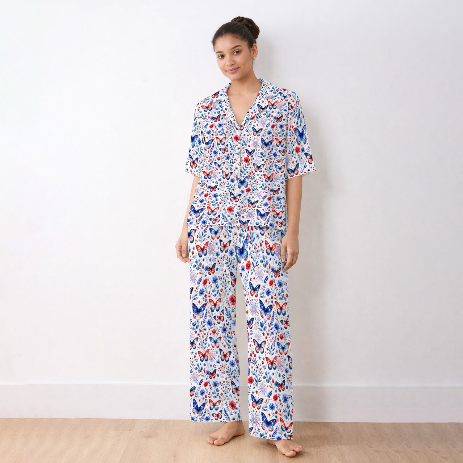 Patriotic Butterfly Fireworks Floral Pattern Pajama Set, Soft Breathable Fabric Comfortable Sleepwear
