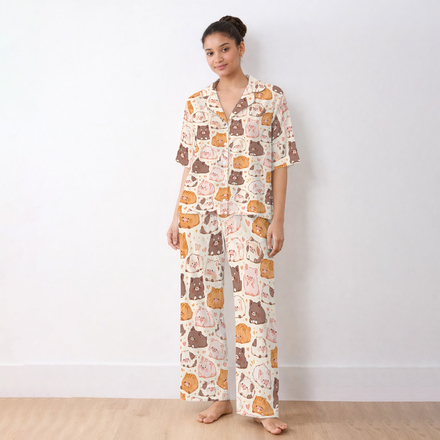 Cute Chubby Pig Nurse Print Pajama Set, Soft Breathable Fabric Comfortable Sleepwear