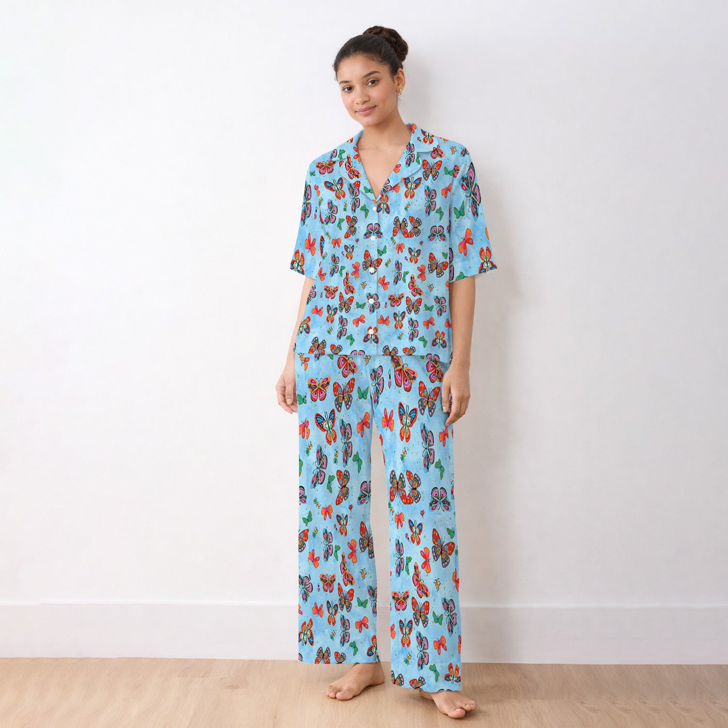 Colorful Butterfly Garden Pattern Pajama Set, Soft Breathable Fabric Comfortable Sleepwear