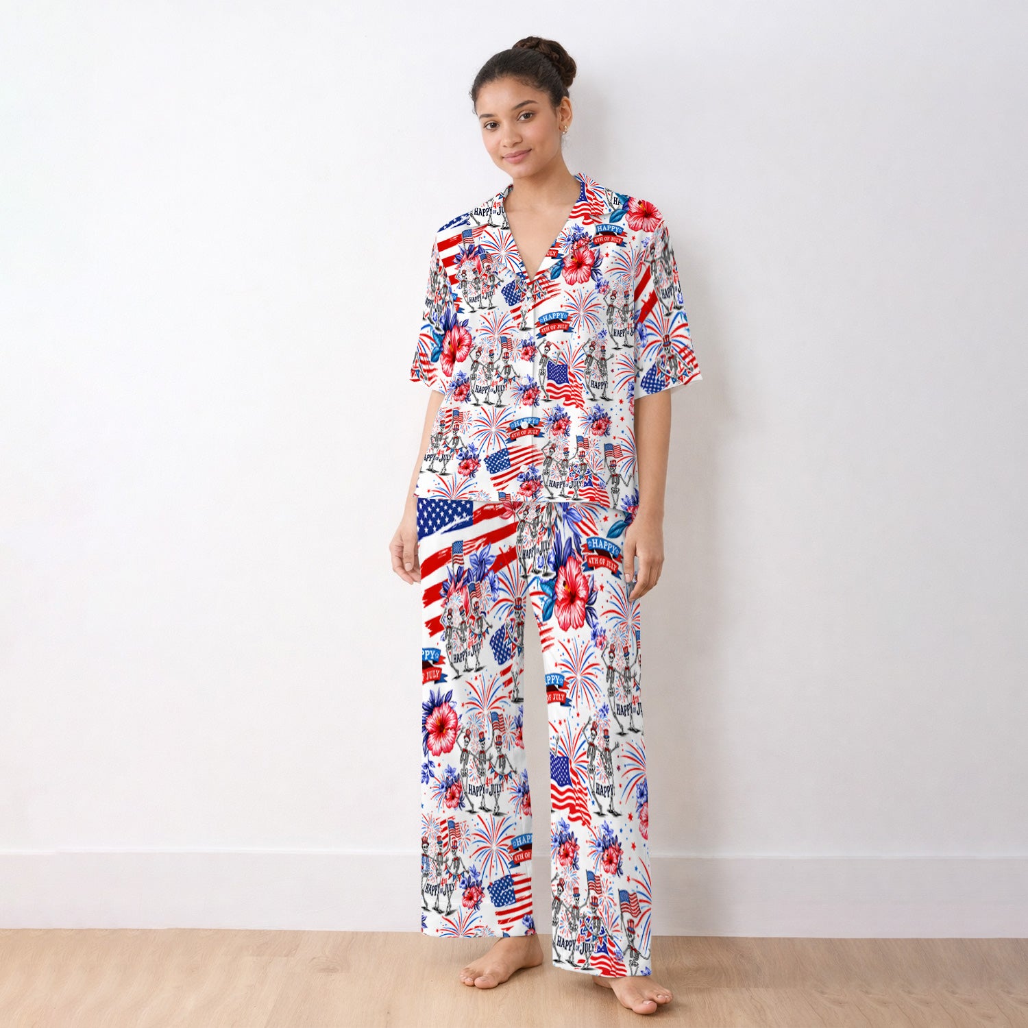 Funny 4th Of July Skeleton Nurse for RN & CNA, Patriotic Fireworks Medical Uniform Pajama Set, Soft Breathable Fabric Comfortable Sleepwear