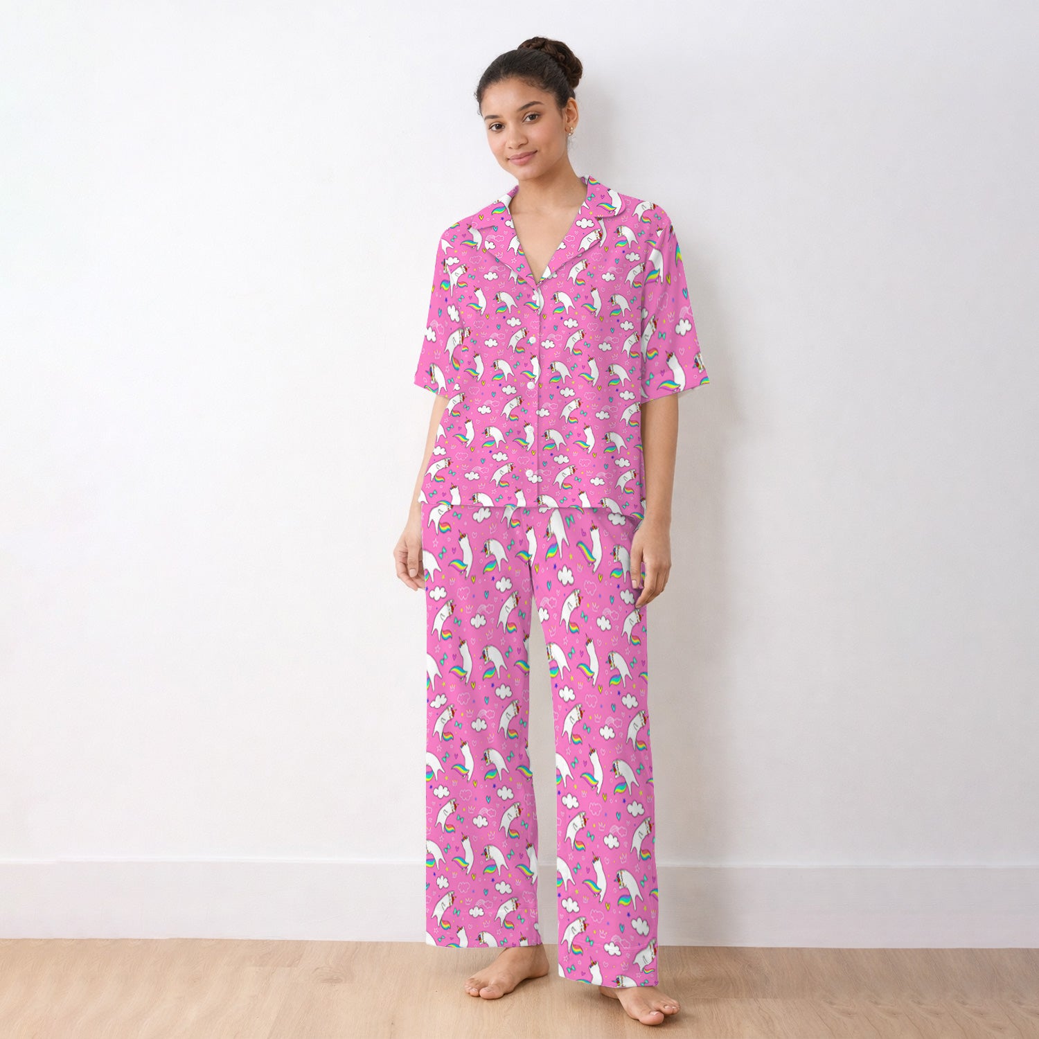 Unicorn Cat With Rainbow Tail Clouds Pajama Set, Soft Breathable Fabric Comfortable Sleepwear