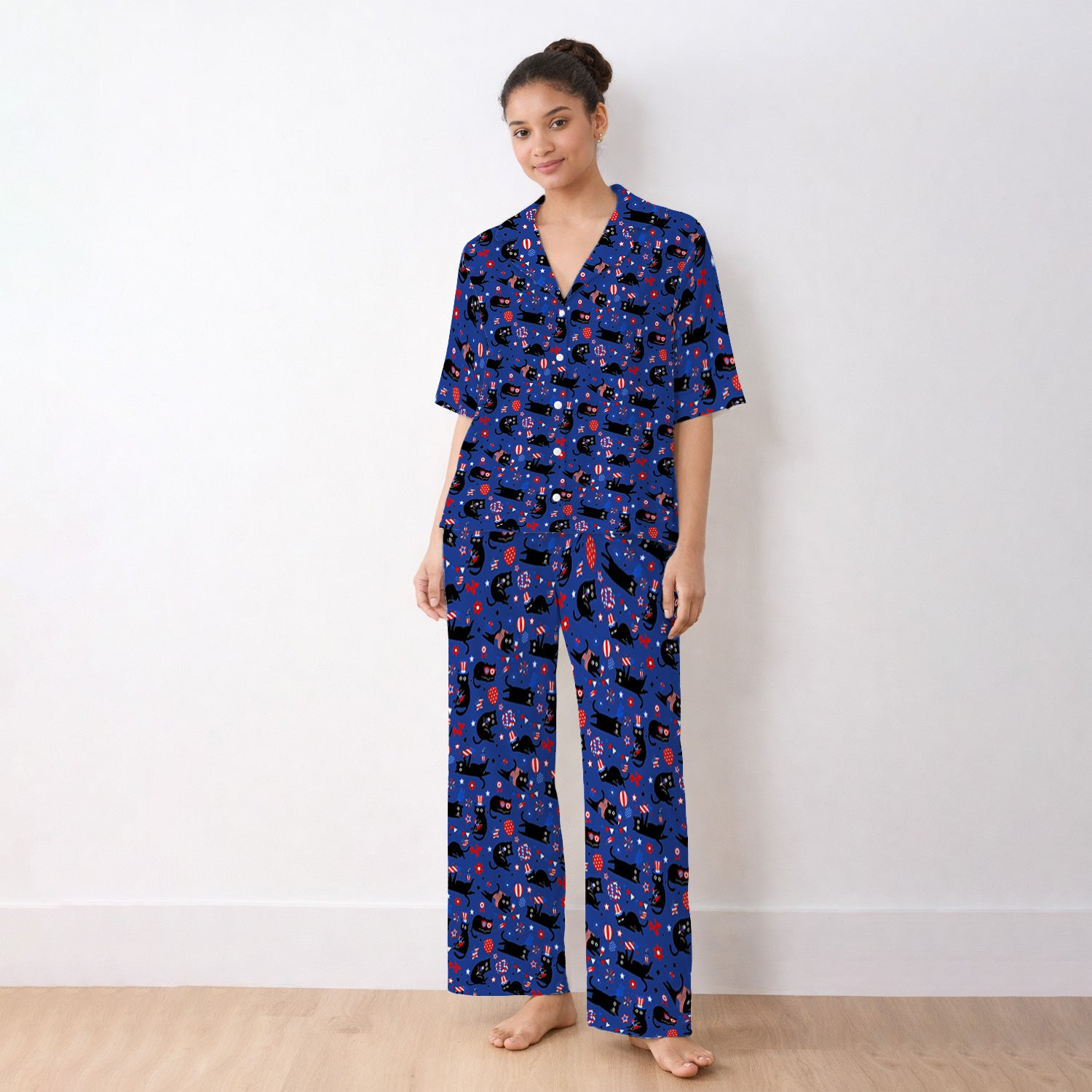 Patriotic Black Cat Pattern Pajama Set, Soft Breathable Fabric Comfortable Sleepwear