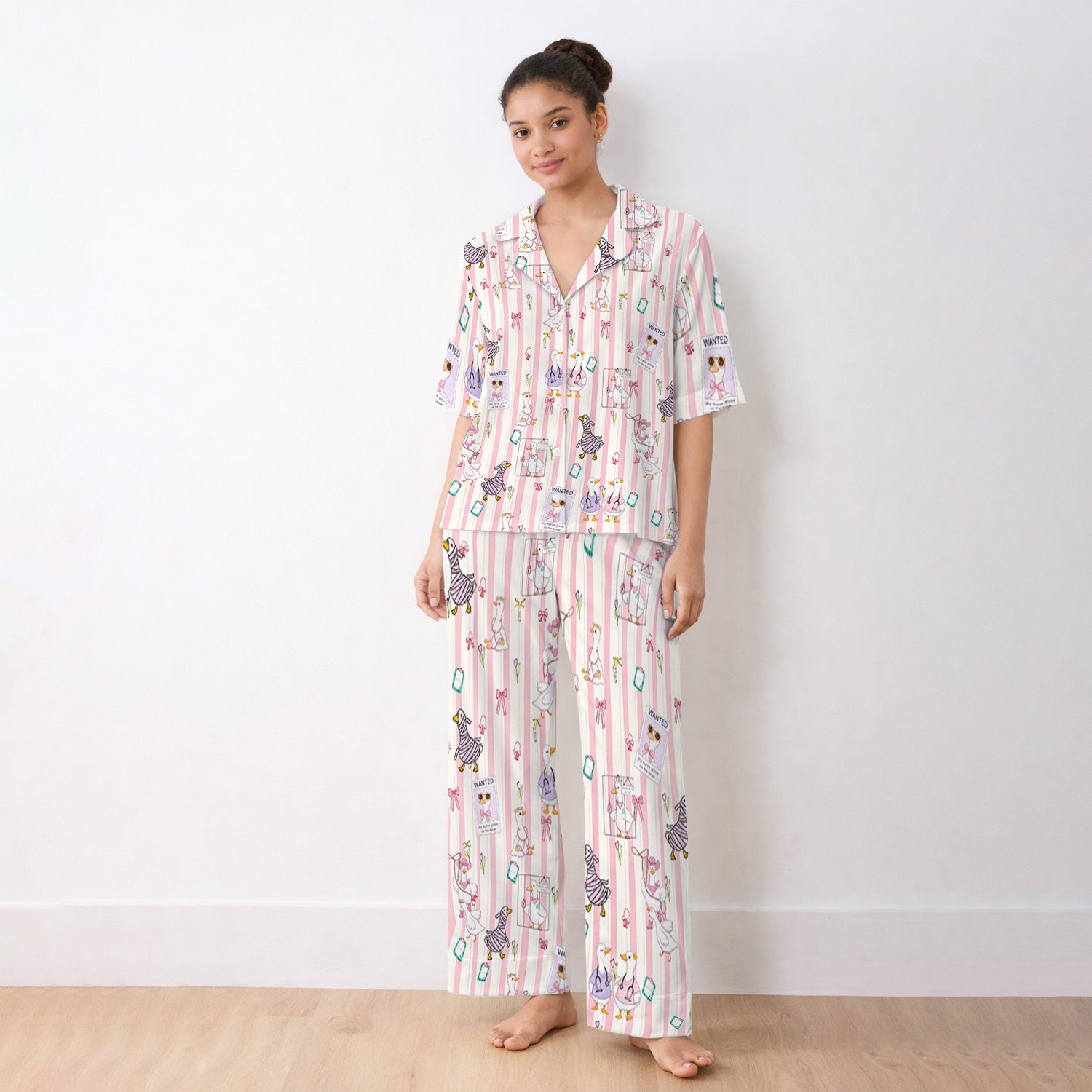 Cute Nurse Duck Stripe Pattern Pajama Set, Breathable Fabrics Uniform