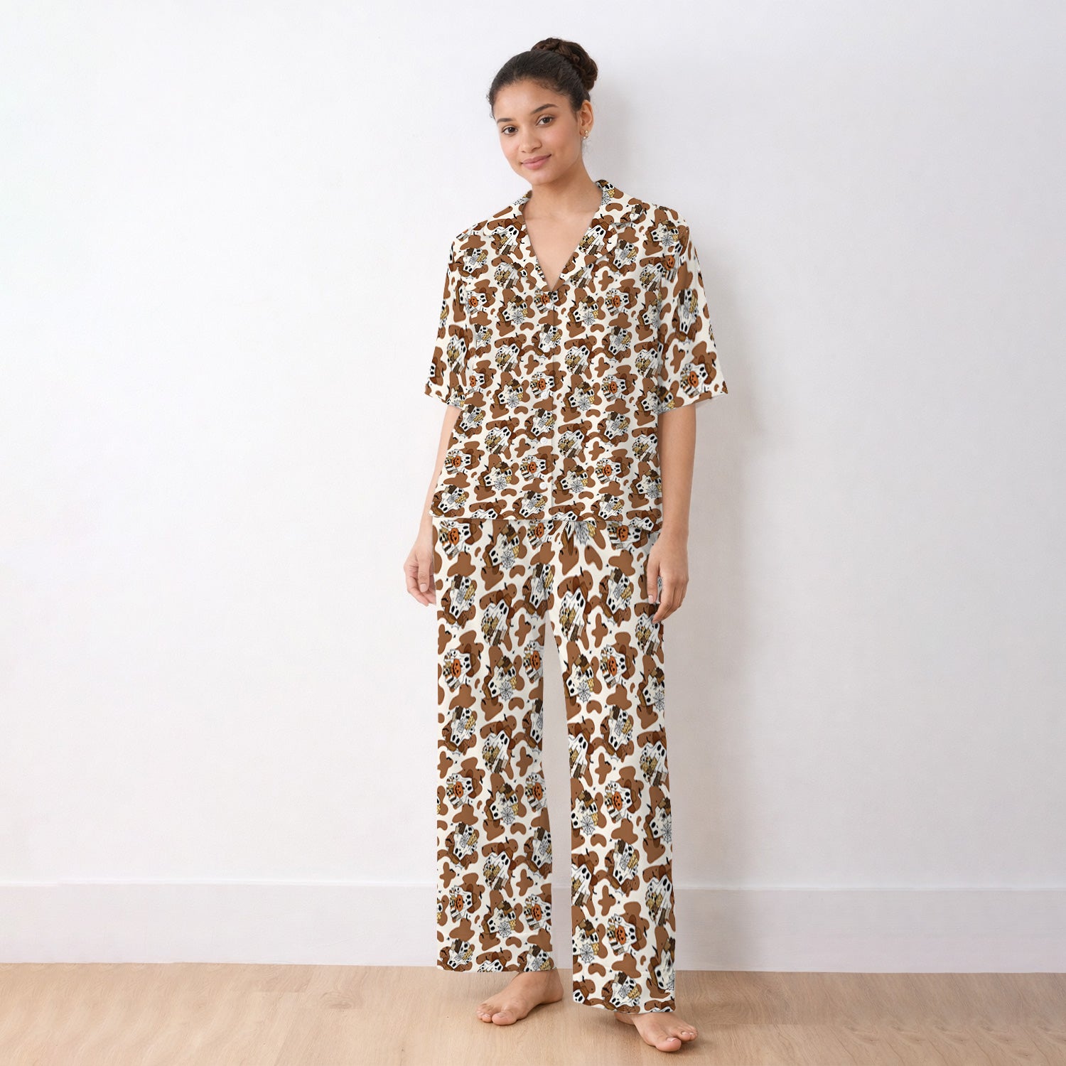 Halloween Cow Ghost Print Pajama Set, Soft Breathable Fabric Comfortable Sleepwear