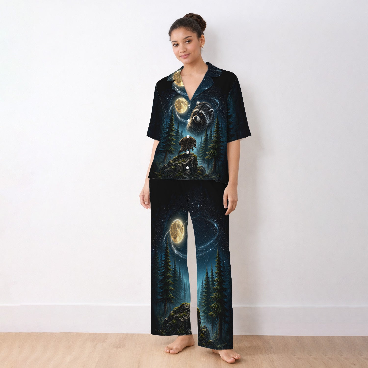 Raccoon On A Moonlit Branch Print Pajama Set, Soft Breathable Fabric Comfortable Sleepwear