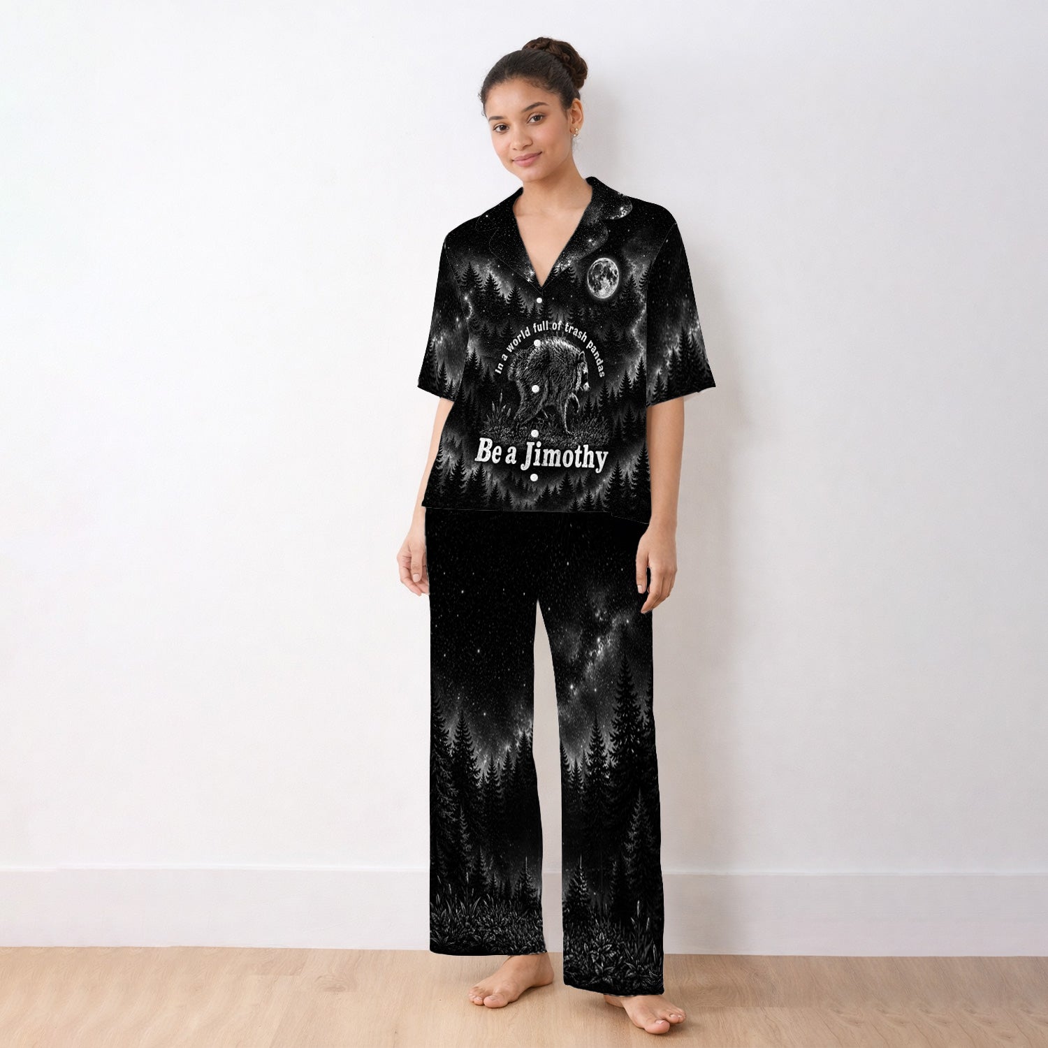 Funny Be A Jimothy Raccoon Print Pajama Set, Soft Breathable Fabric Comfortable Sleepwear