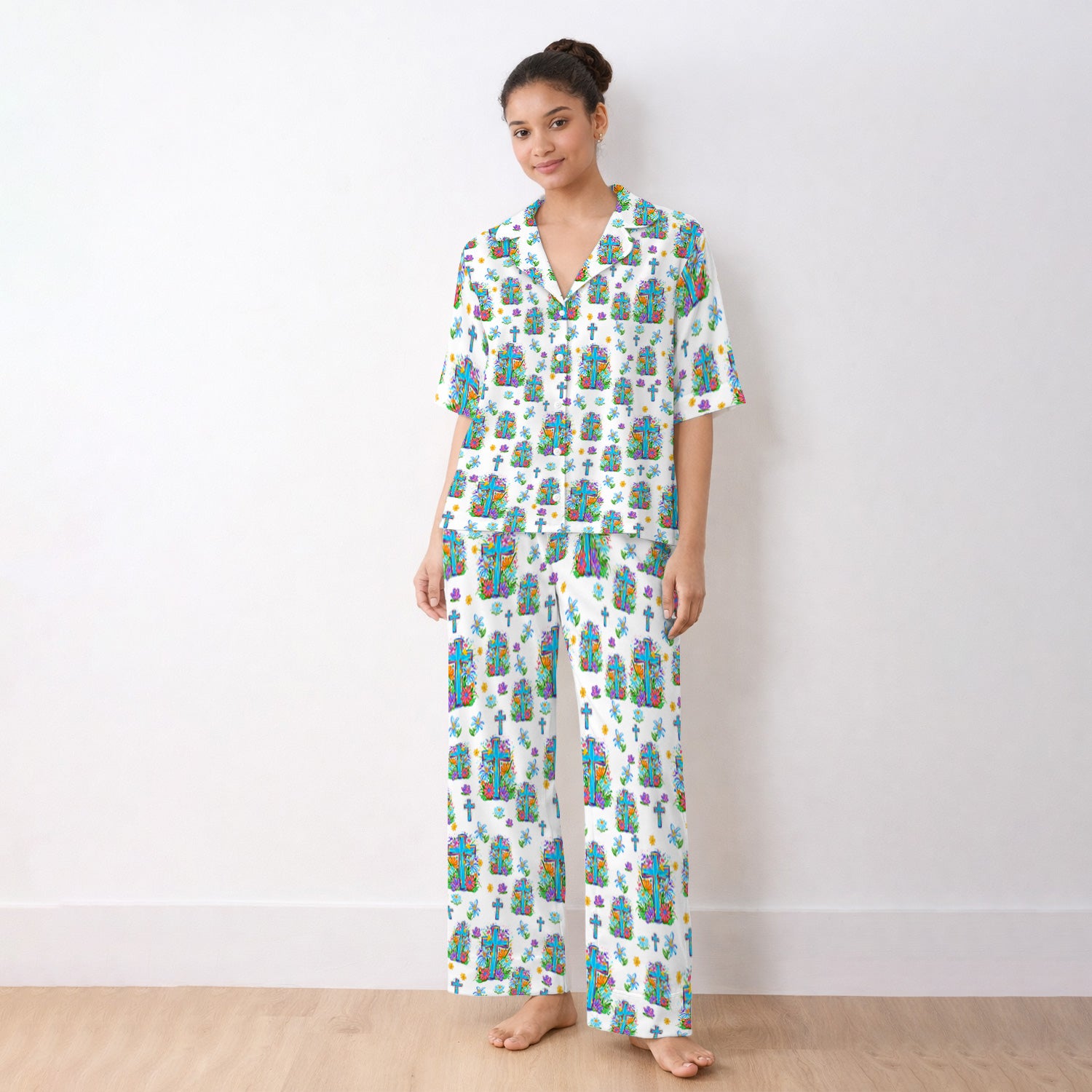 Christian Floral Cross Spring Pattern Pajama Set, Breathable Fabrics Uniform