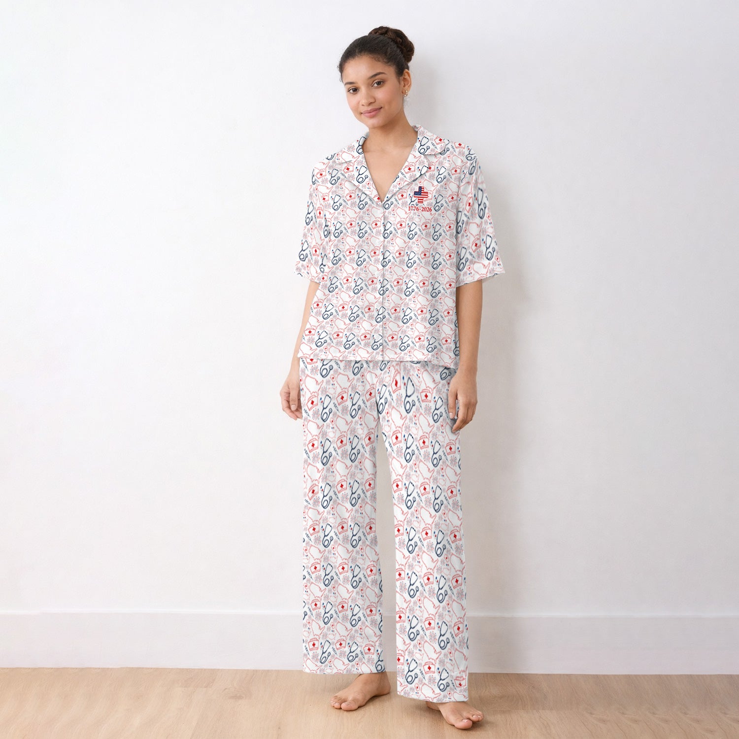 Patriotic Nurse Stethoscope Flag Pattern Pajama Set, Soft Breathable Fabric Comfortable Sleepwear